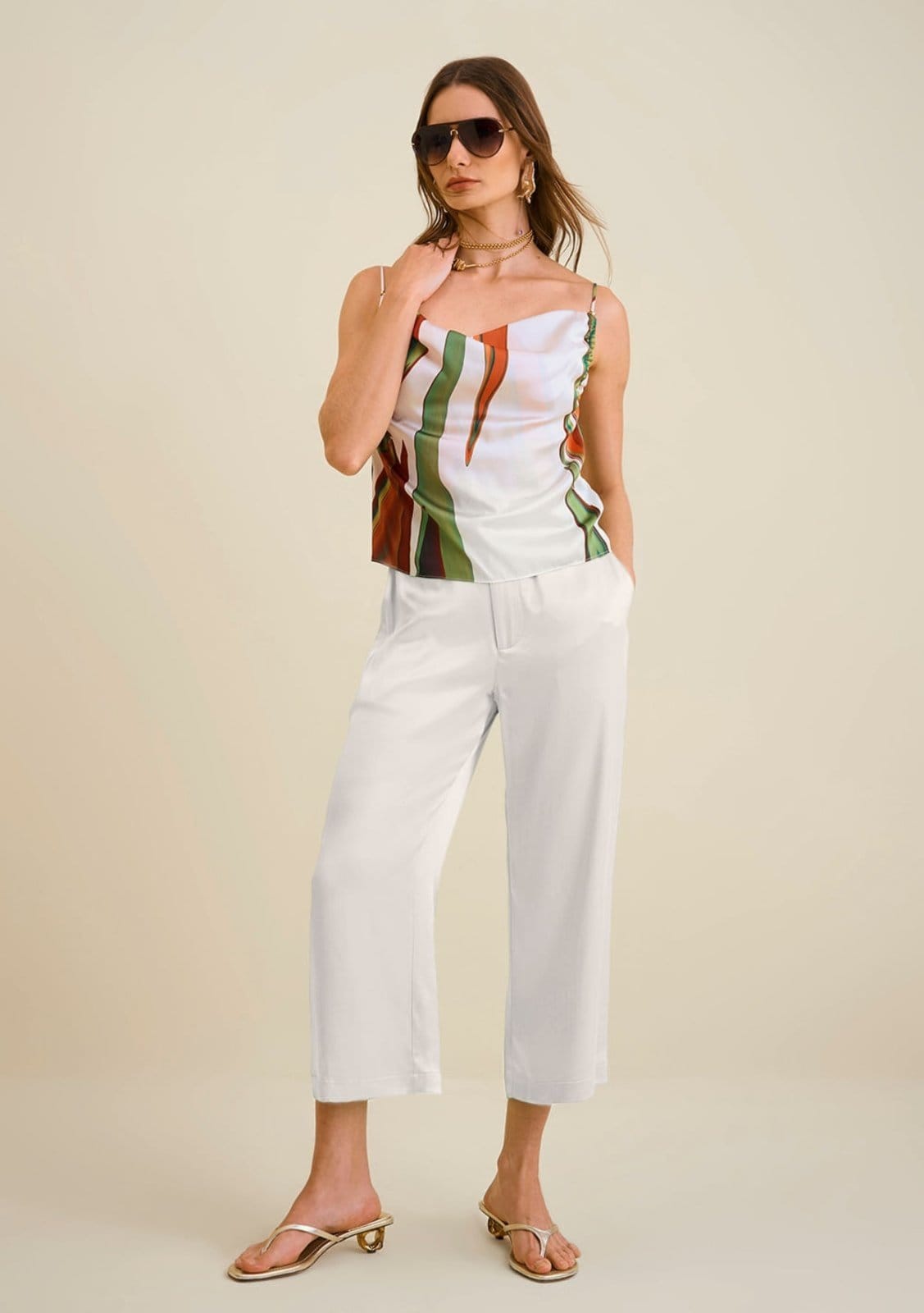 Calça Morena Rosa Wide Cós Alto Com Bolso Off Off-white