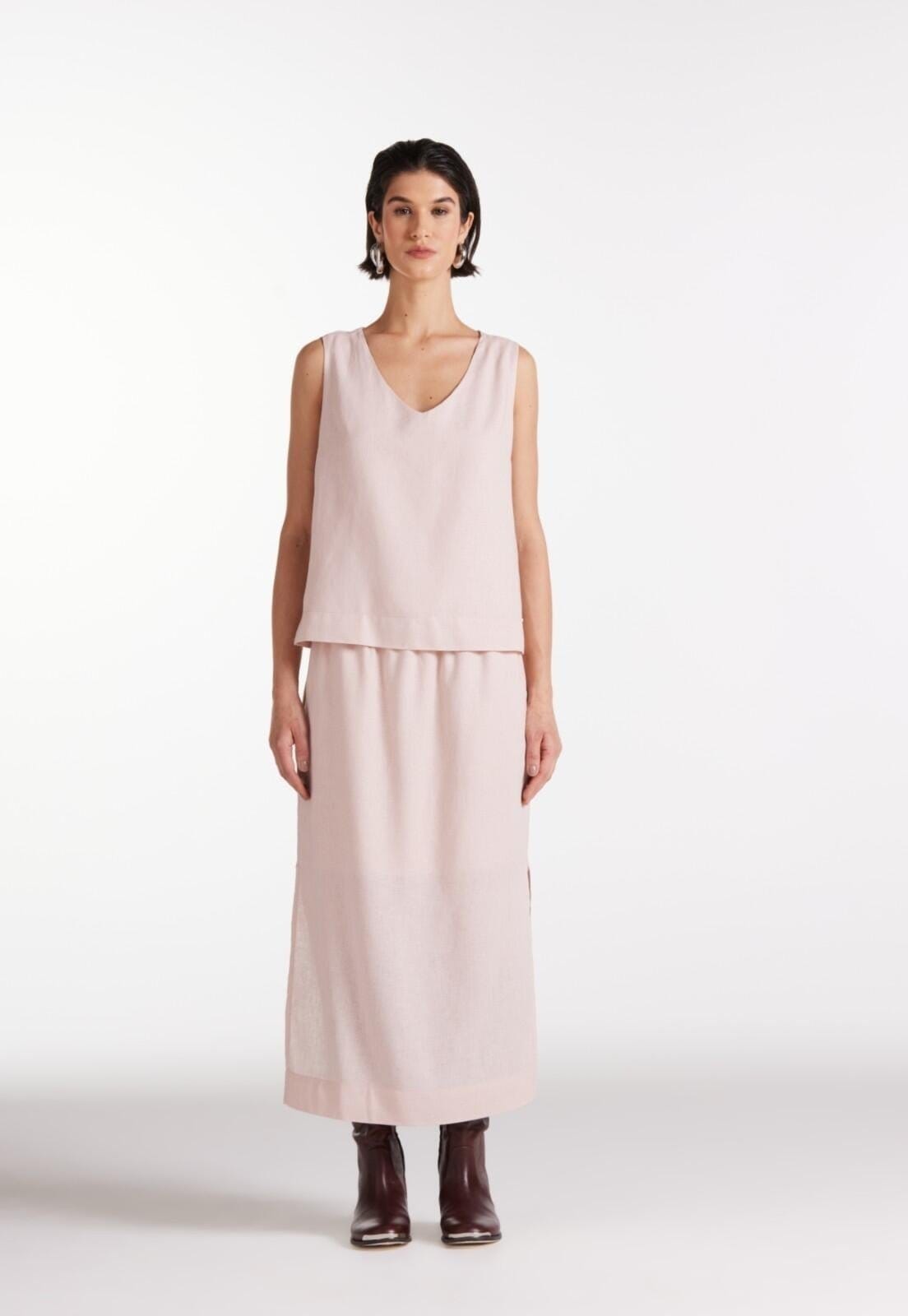 Saia Linho Traymon Midi Com Fendas Rose Vintage