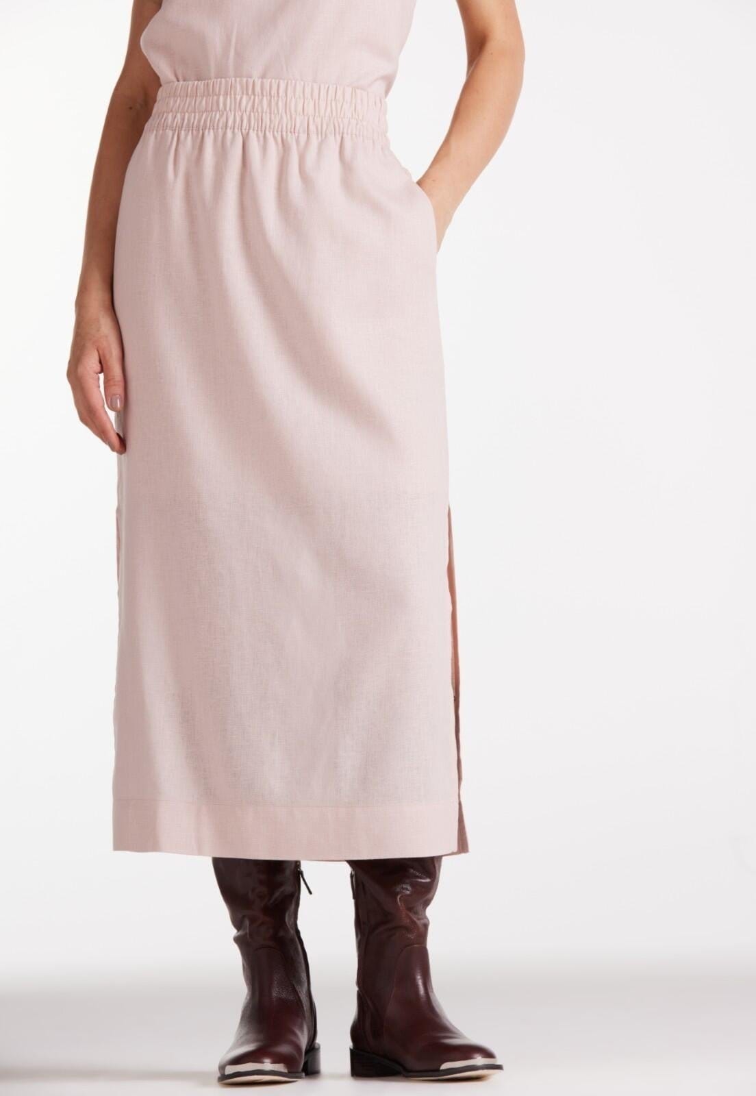 Vista 2 Saia Linho Traymon Midi Com Fendas Rose Vintage Traymon rosê rose
