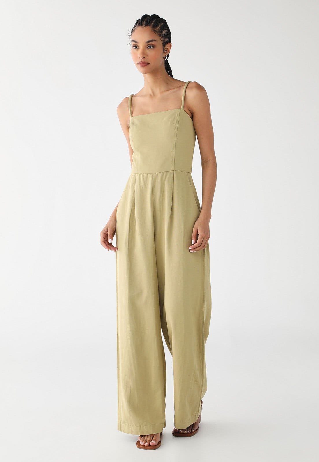 Macacão Feminino Cantão Alfaiataria Linho Caqui