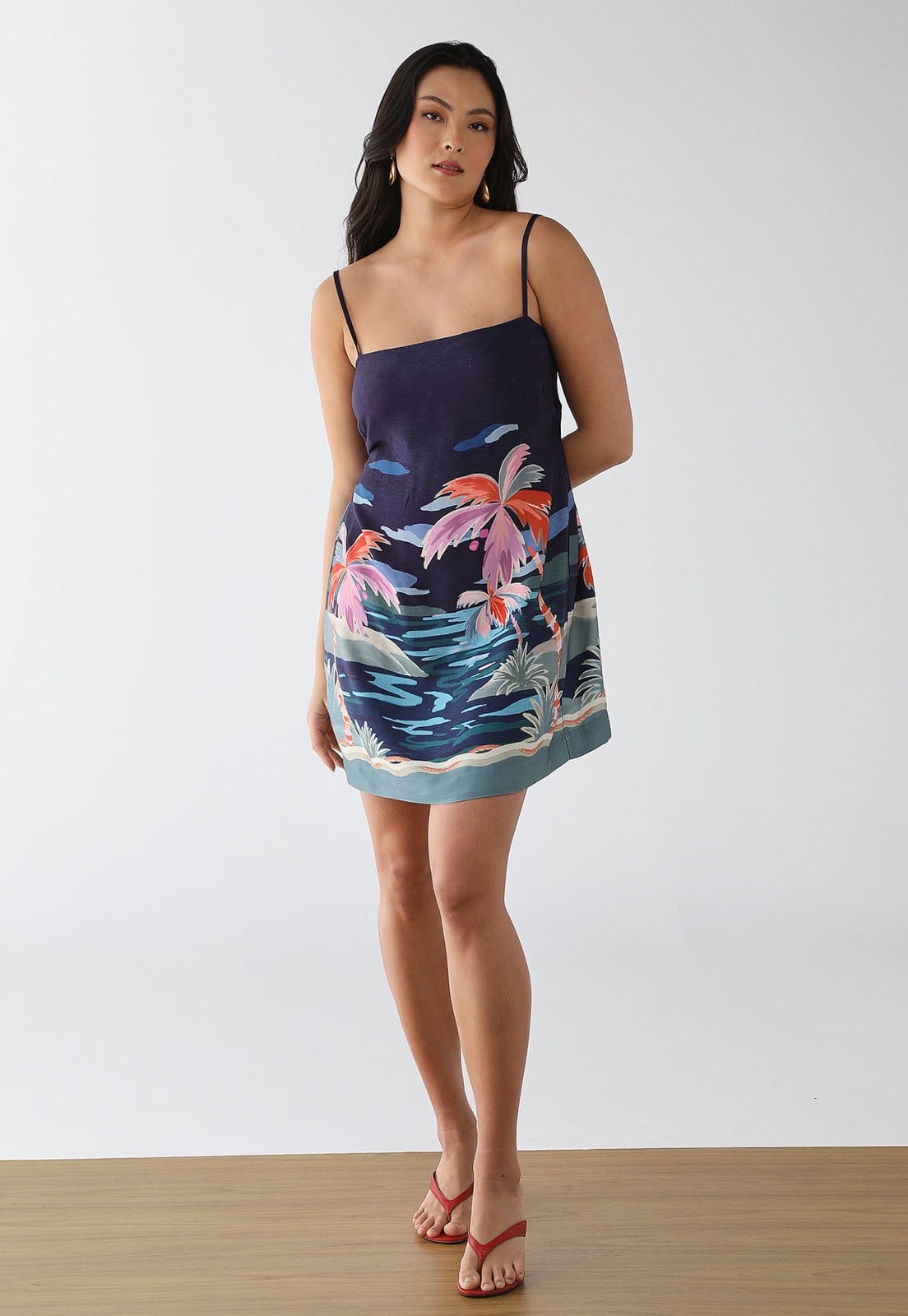 Vista 2 Vestido Feminino FARM Estampa Tropical Paisagem FARM azul marinho