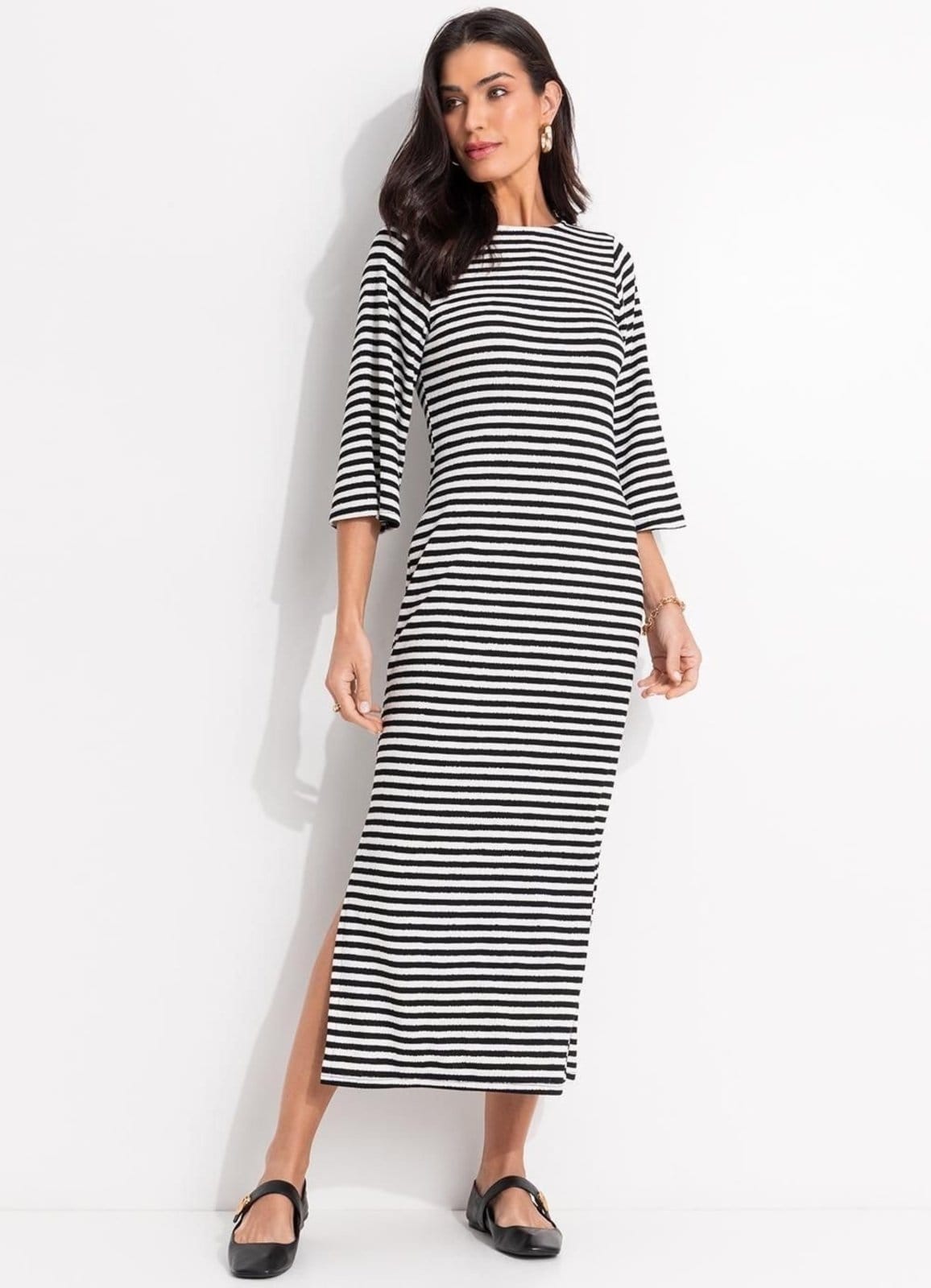 Vestido Em Meia Malha Listrado E Branco