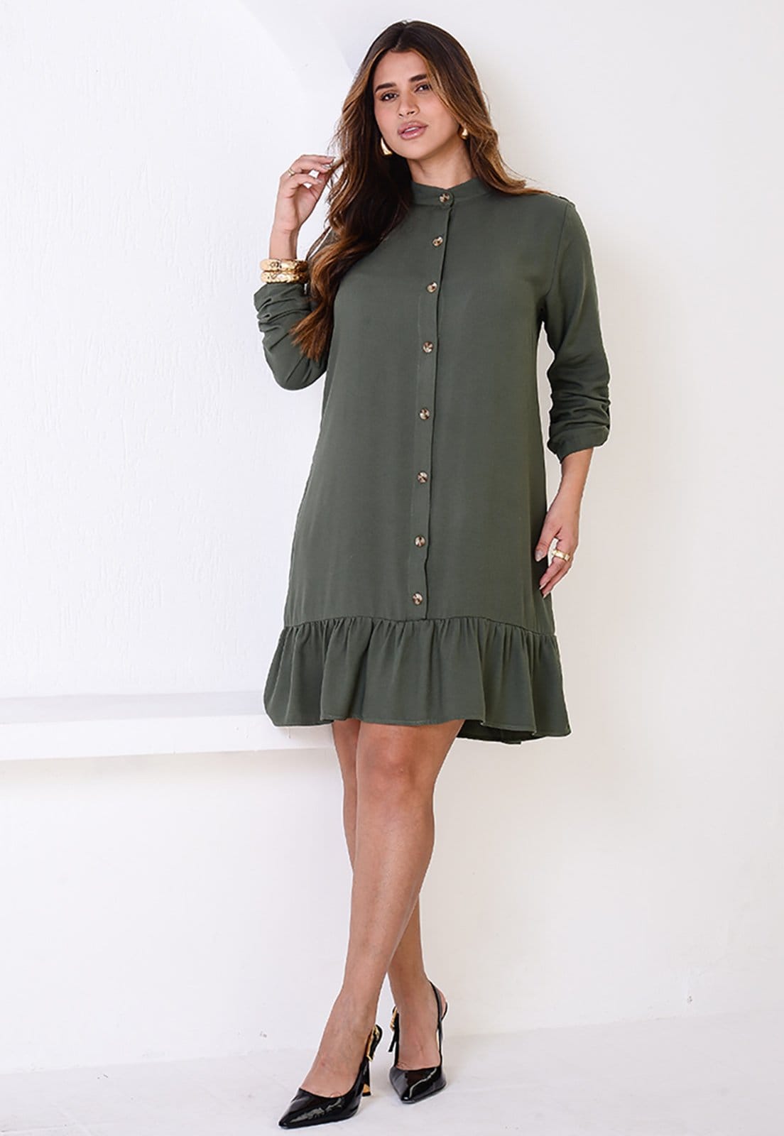 Vestido Chemise Botões M/C BBonnie Rebeca Verde Musgo