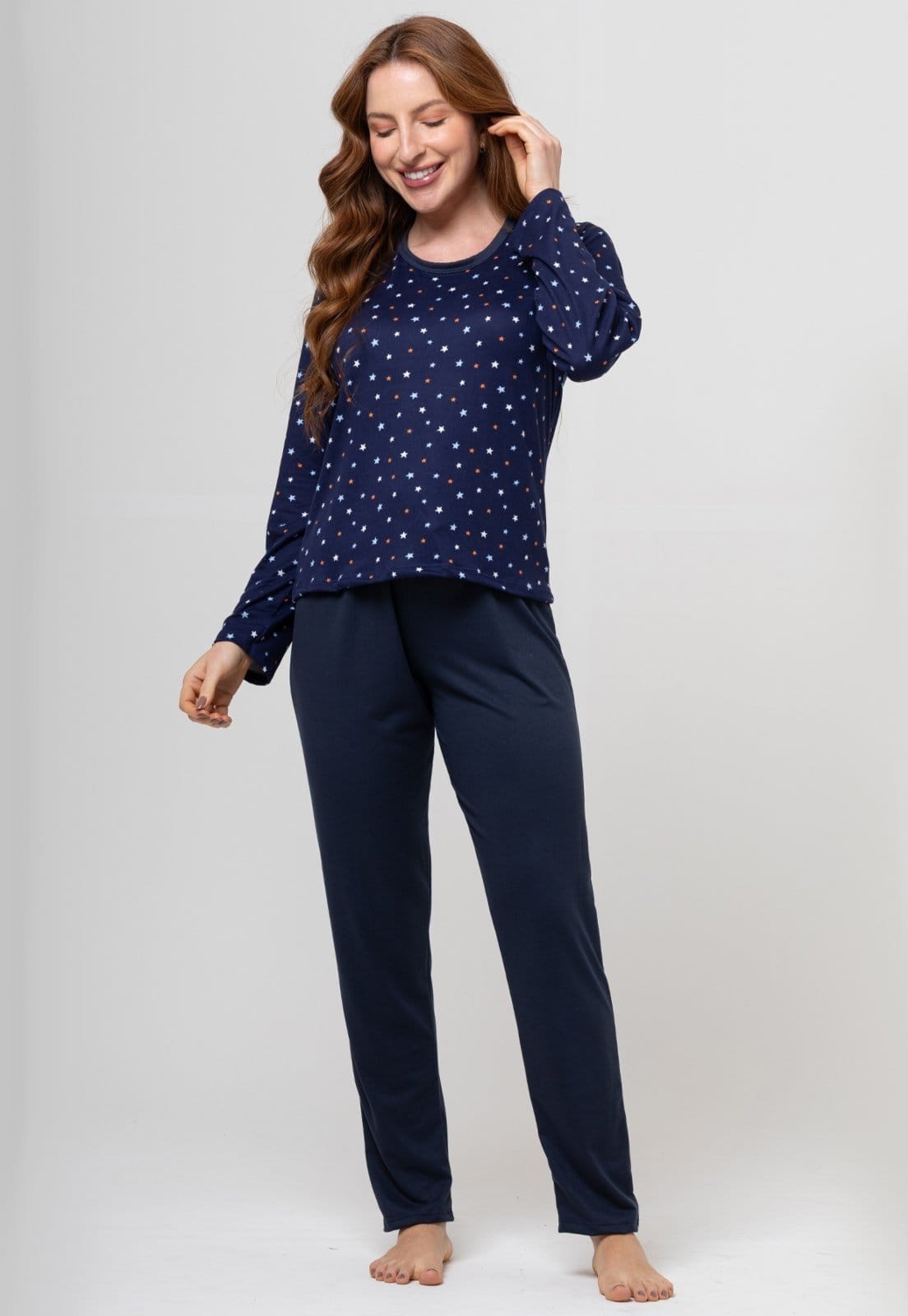 Vista principal Pijama Suende Aveludado Bravaa Store Longo Malha Confortável Inverno Premium 014 MARINHO BRAVAA STORE branco