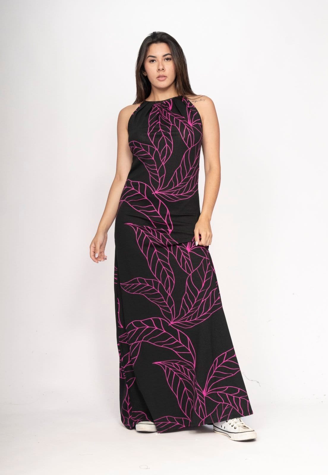 Vestido CabanaFree Longo Eirapuã Malha Trapézio Estampa Antúrios Lilás