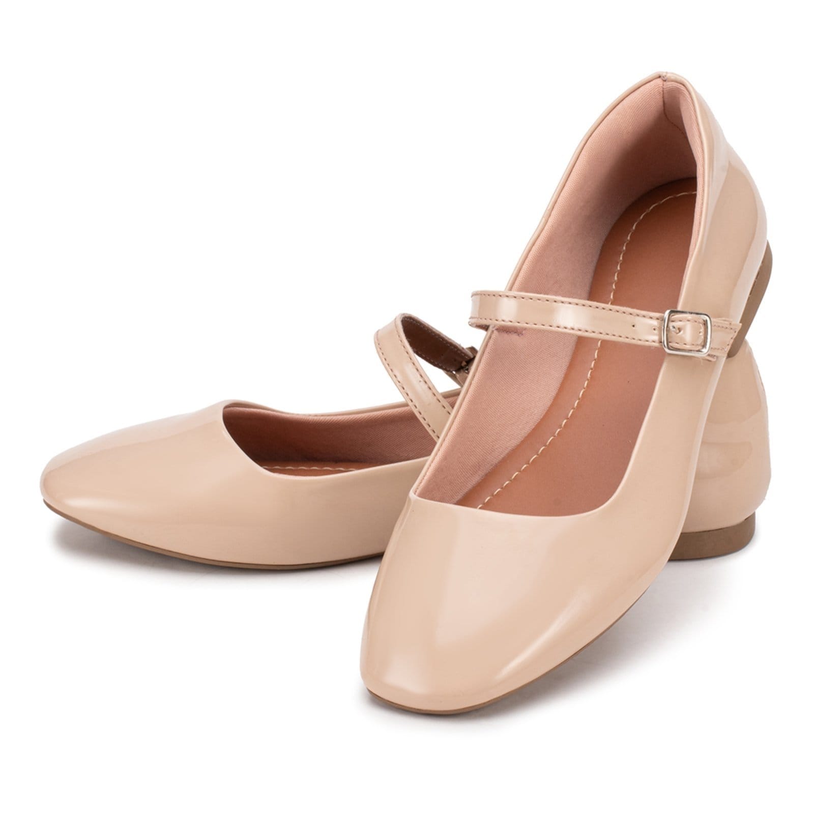 Vista 2 Sapatilha Feminina Bico Quadrado Mary Jane Boneca Leve Estilo Shoes nude