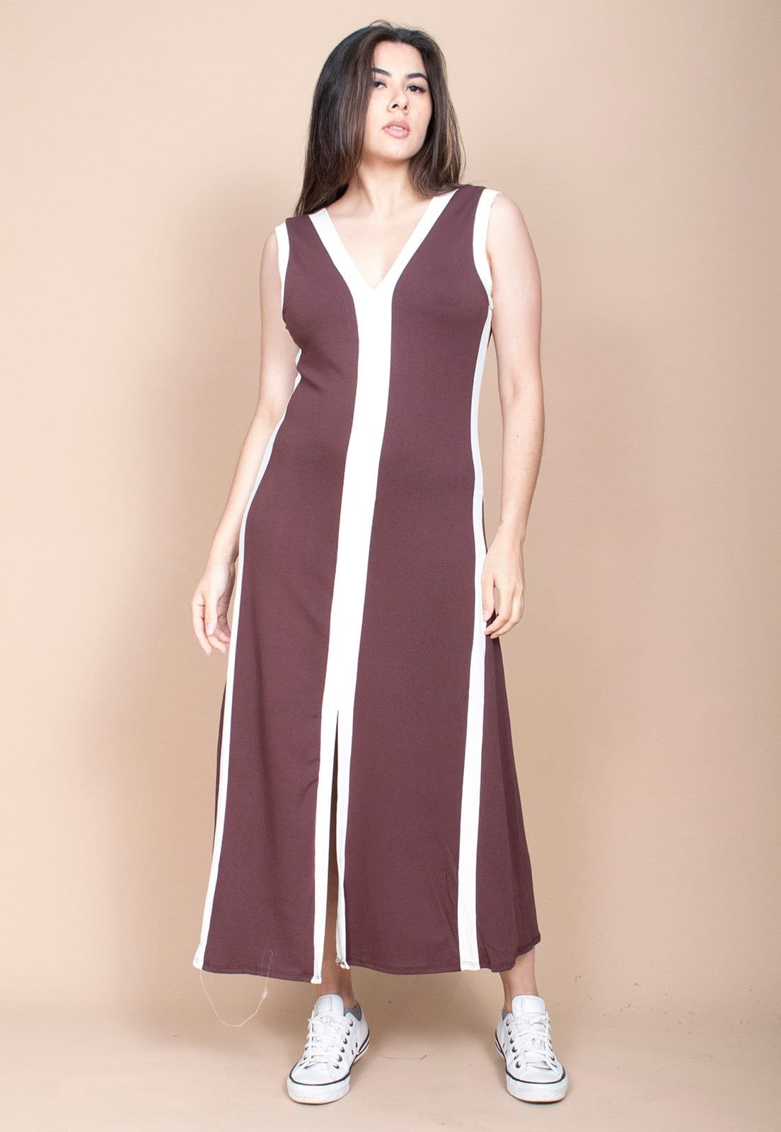 Vestido Cabanafree Midi Fenda Frontal Color Block Marrom