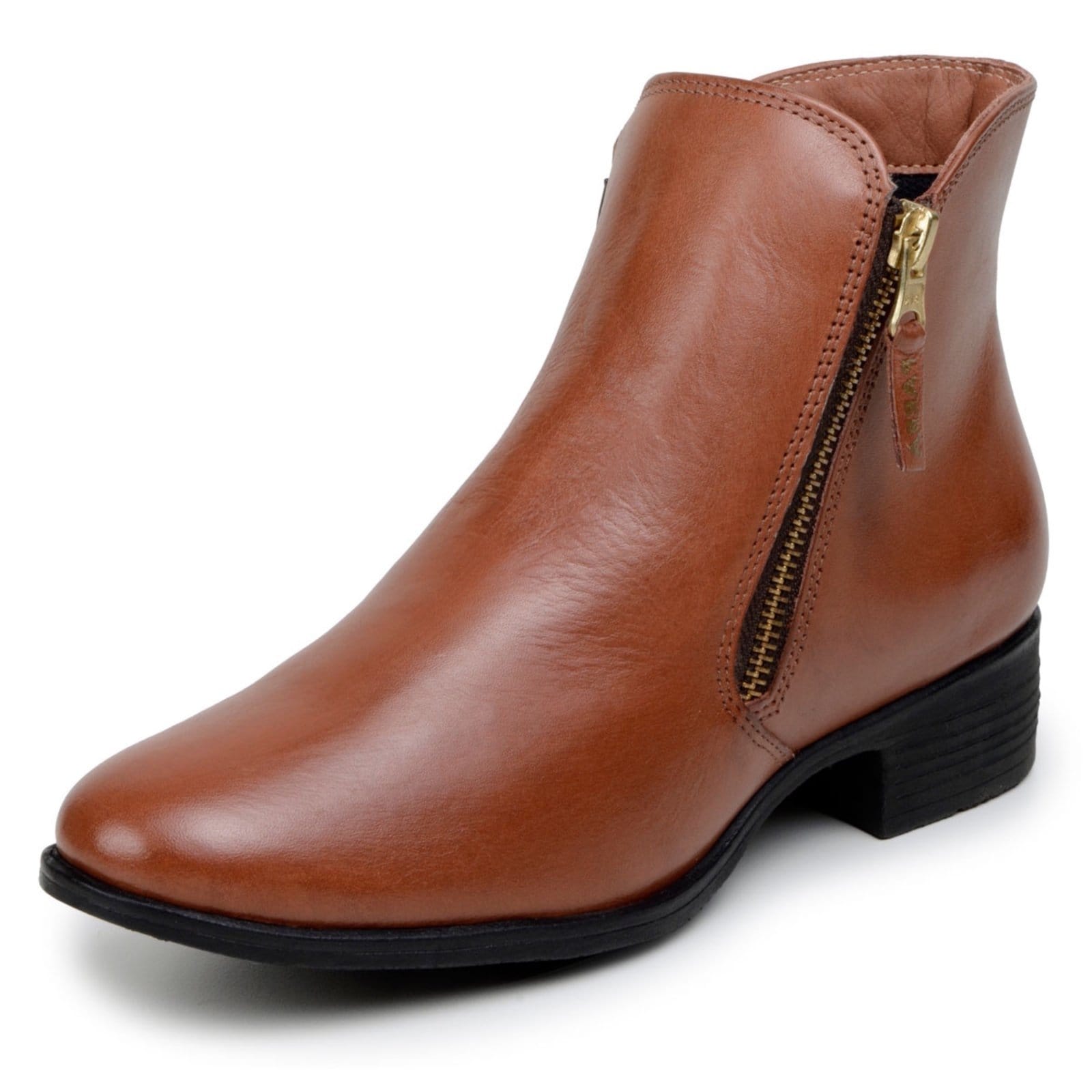 Vista 2 Bota Feminina Cano Curto Yes Basic Salto Baixo Ziper Lateral em Couro Yes Basic marrom