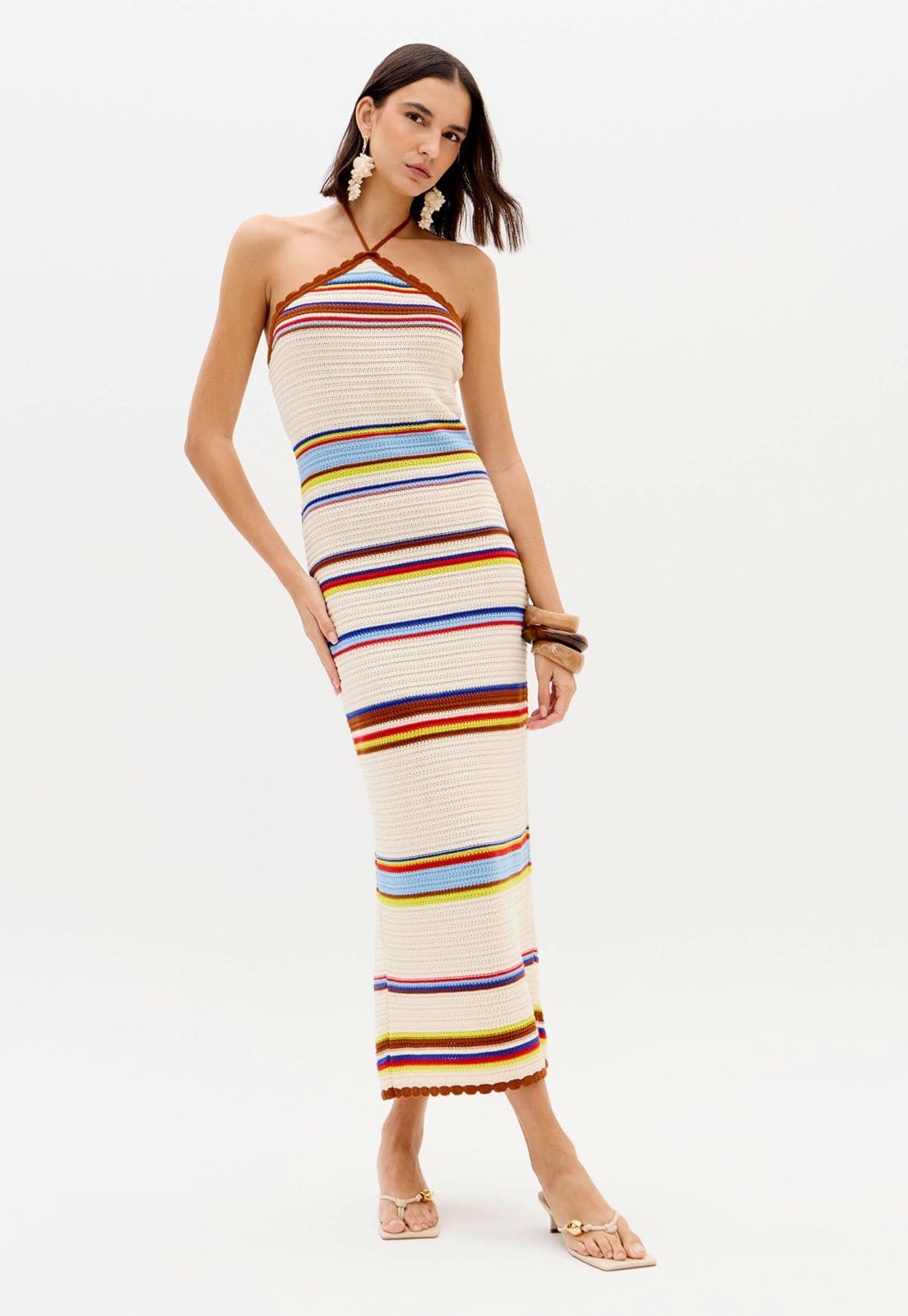 Vestido Feminino Lança Perfume Tricot Frente Única Listrado Midi