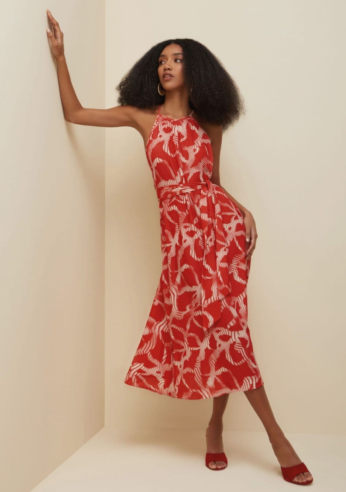 Vestido Morena Rosa Midi Cava Francesa Amarração Costas Estampado