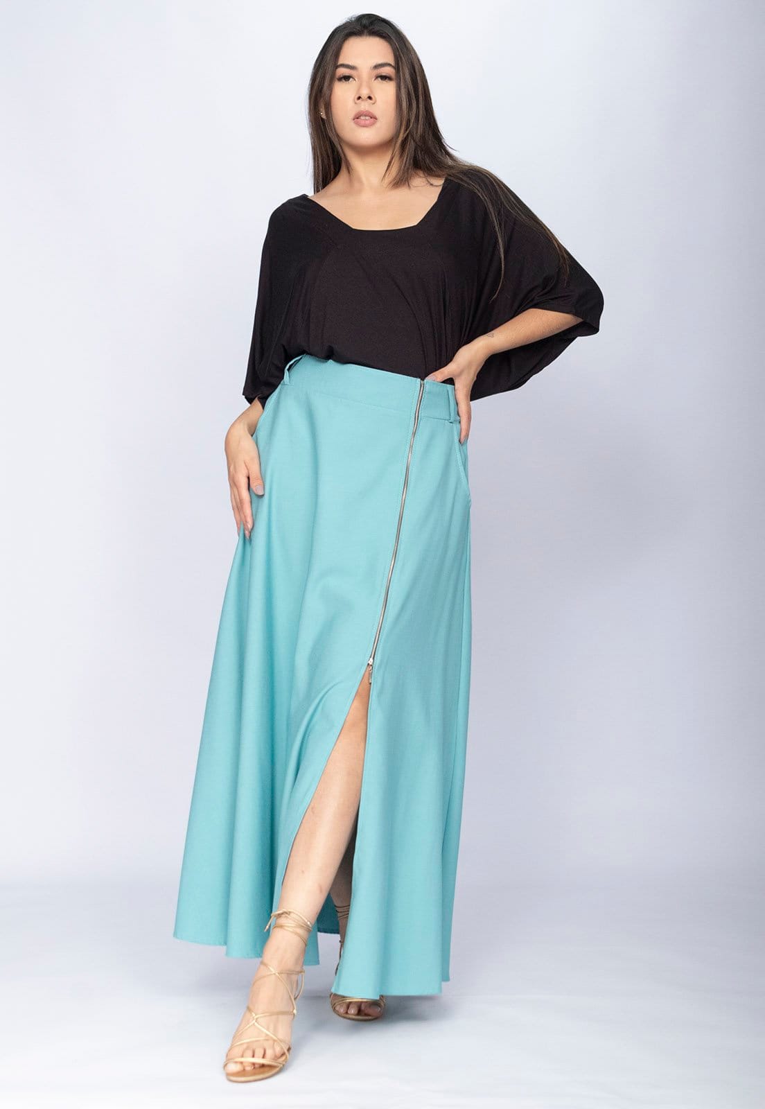Saia Amazônia Vital Midi com Zíper Turquesa Suave - 2