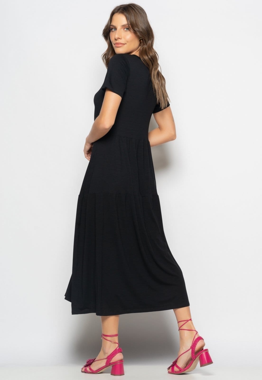 Vista 2 Vestido Midi Manga Curta Com Babado Salvatore Salvatore Fashion preto