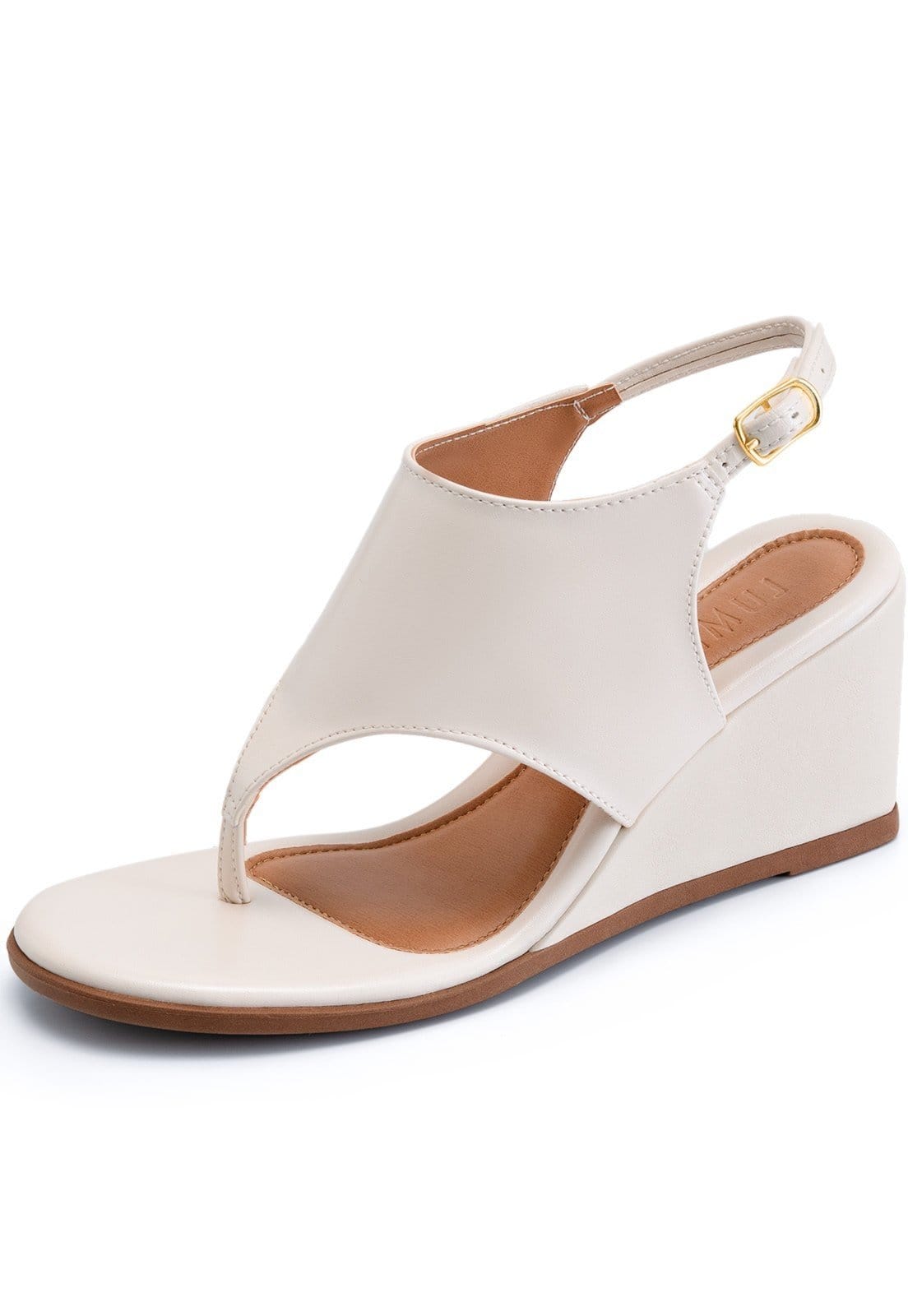 Sandália Feminina Lumiss Anabela De Dedo Confortável Bico Redondo Fivela Off White