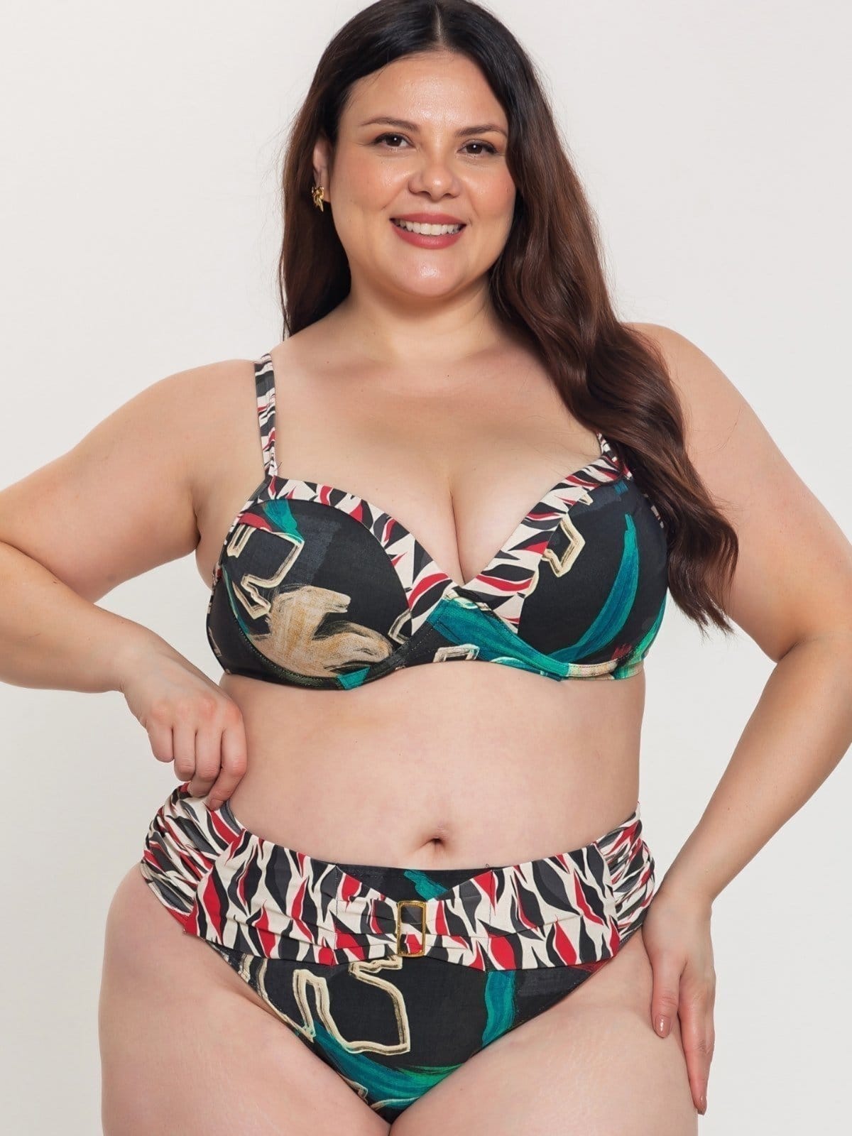 Vista 2 Biquíni Composê Plus Size Orla da Praia com Bojo Meia Taça e Aro Elegante e Orla da Praia estampado/preto/verde/vermelho