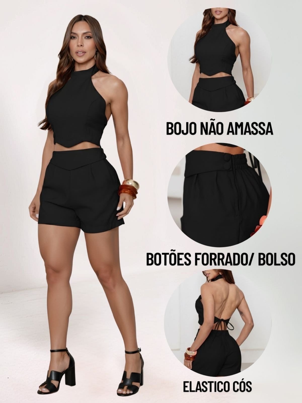 Vista 2 Conjunto Feminino Alfaitaria Tropical Fashion Cropped e Shorts TROPICAL FASHION preto