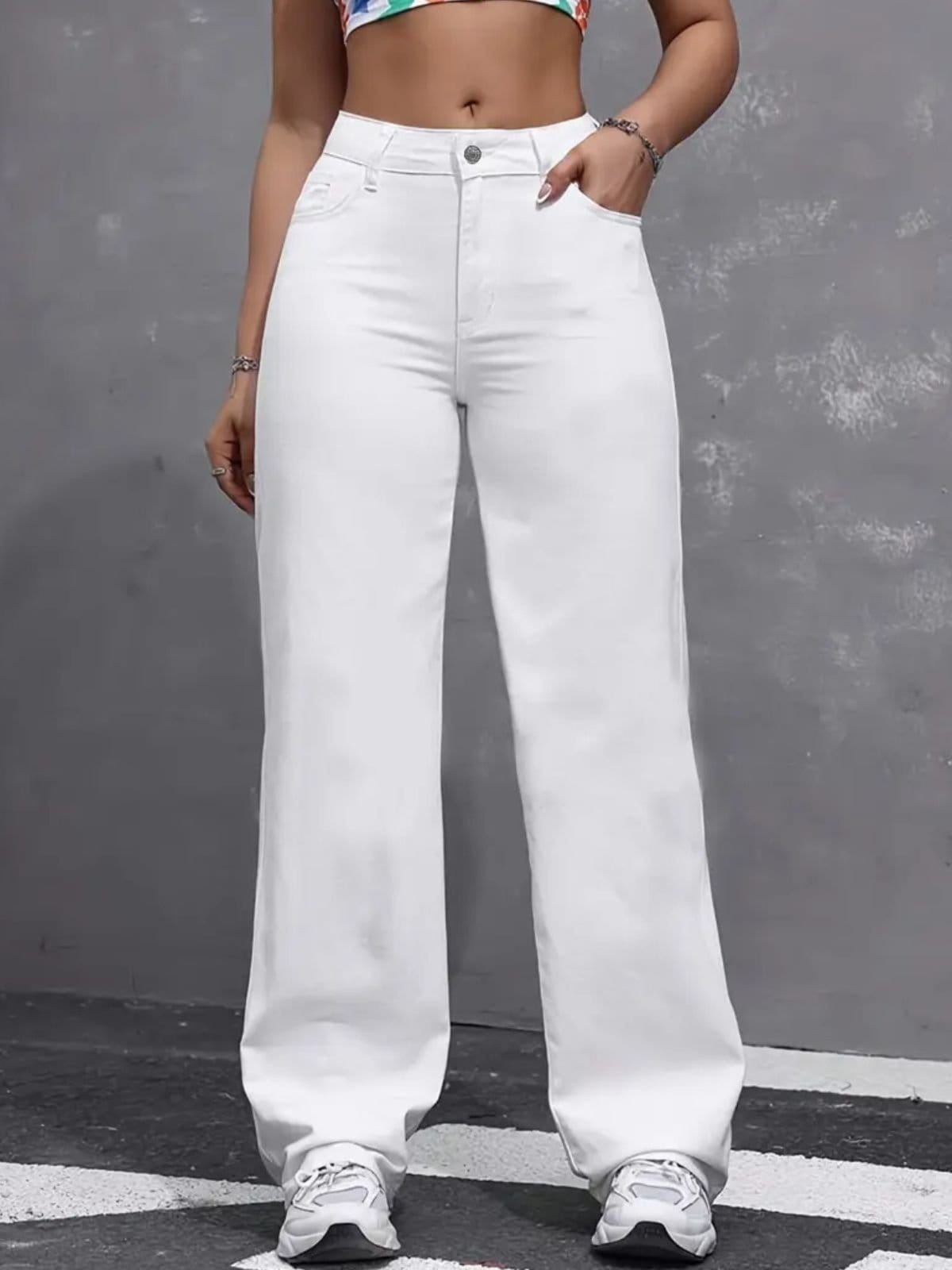 Calça Jeans Wide Leg Feminina Safira Moda Pantalona Branca