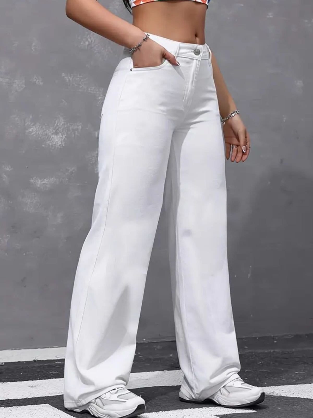 Vista 2 Calça Jeans Wide Leg Feminina Safira Moda Pantalona Branca Safira Moda branco