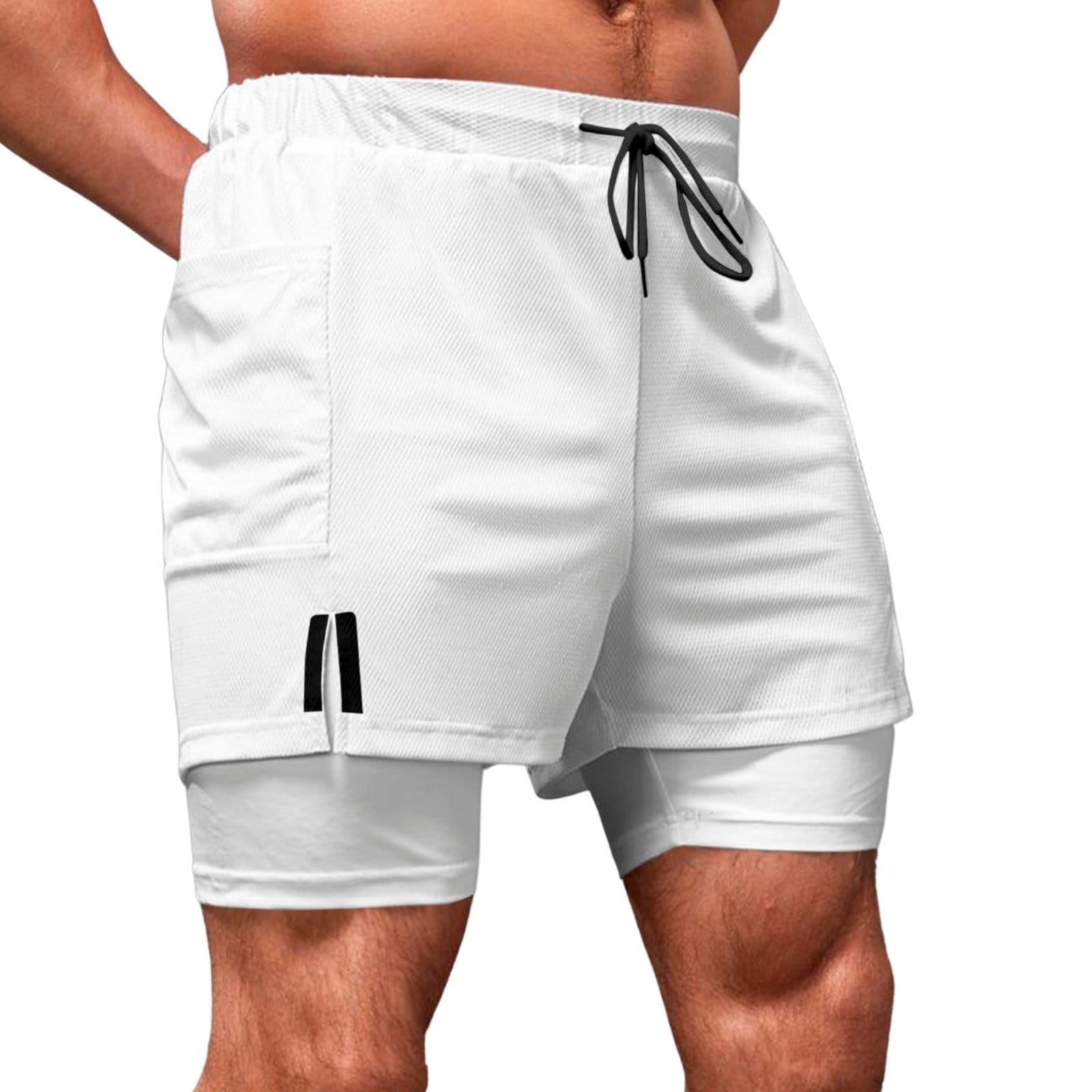 Vista 2 Short Treino Dry Fit Térmico 2 em 1 com Bolso para Celular e Porta-Toalha Calção Fitness Academia Relaxado branco