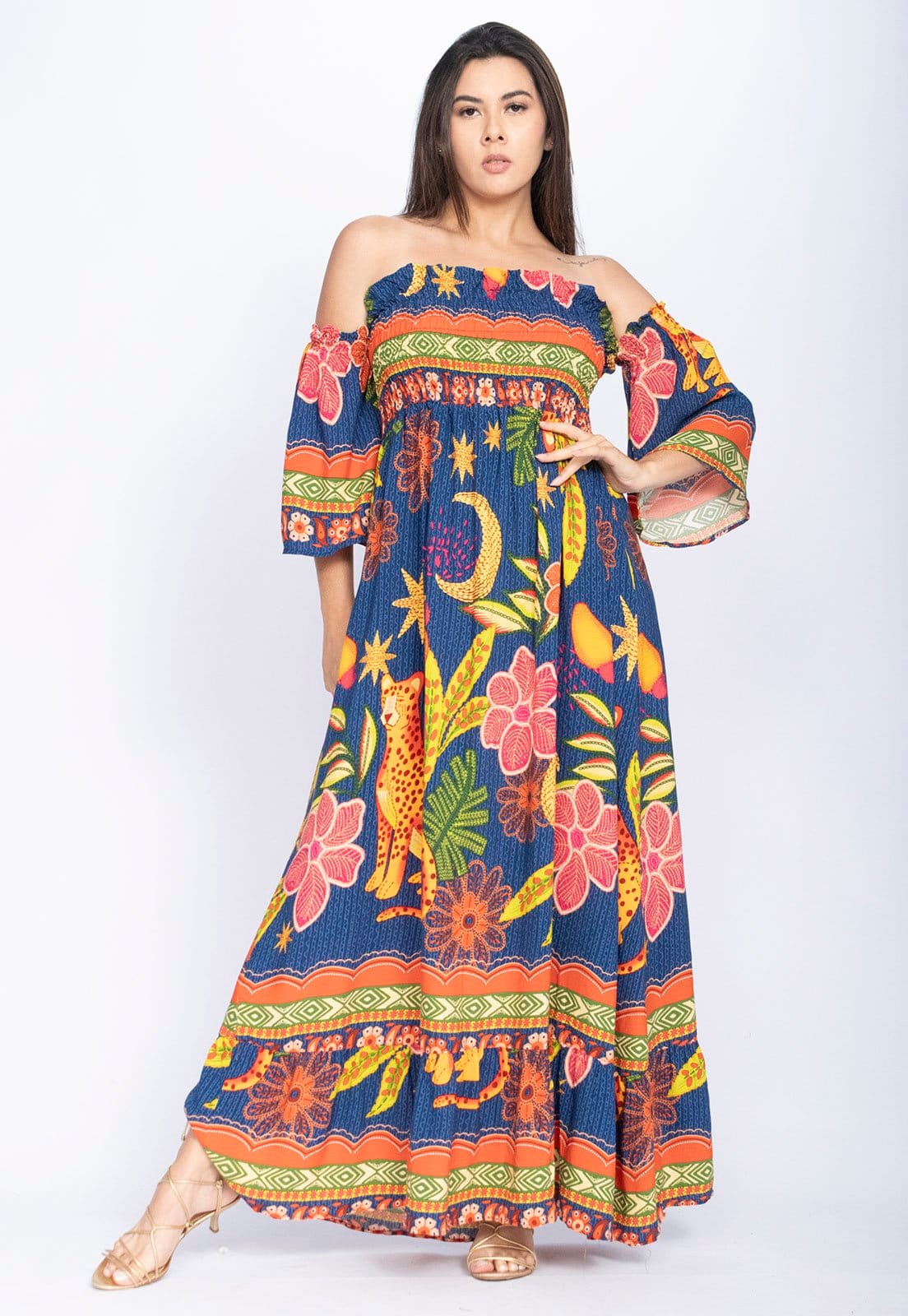 Vista 2 Vestido Amazonia Vital Longo Ciganinha Jaguá Amazonia Vital azul/estampado