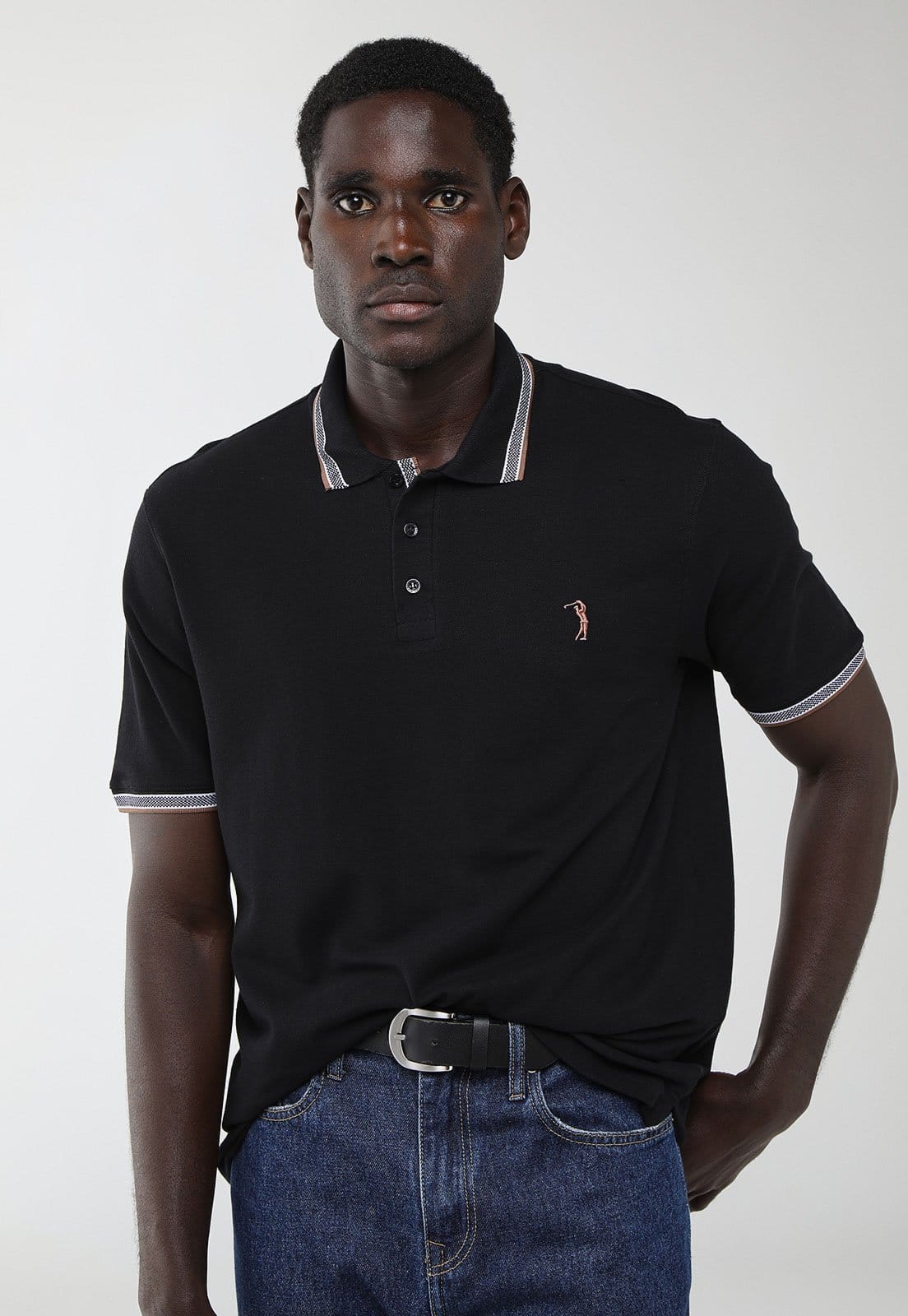 Vista principal Polo Masculina Aleatory Gola Listrada Preta Aleatory preto