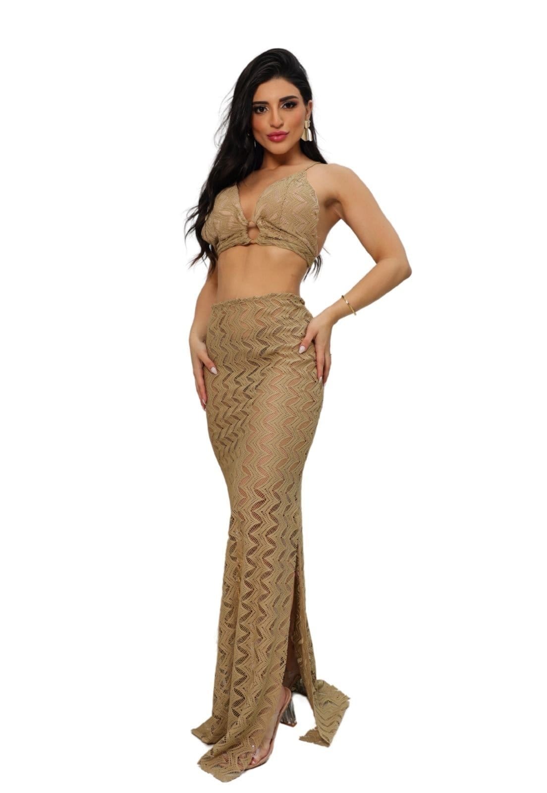 Vista principal Conjunto Renda Saia Longa e Top Alcinha Com Hot Panties Sampaio Nude Cia do Vestido bege nude