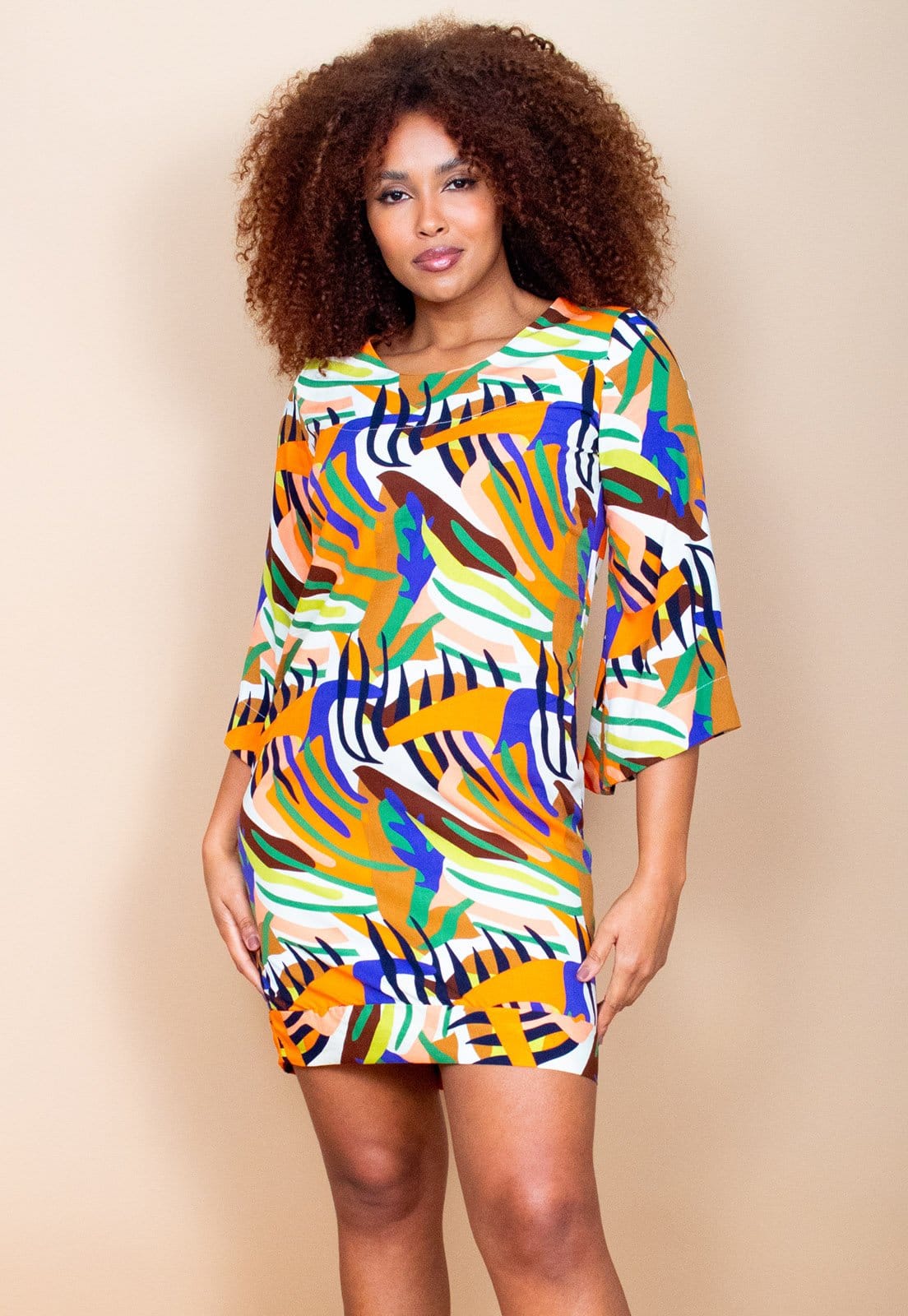 Vista 2 Vestido Curto Cabanafree Balli Manga Ampla Estampa Cores Vibrante Cabanafree azul/estampado/laranja/verde