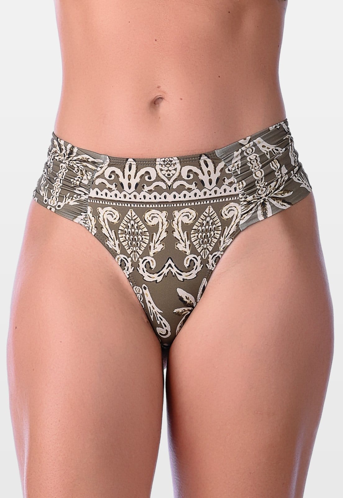 Calcinha de Biquíni Summer Soul Fio Dental Duplo Franzido Lateral Folhagem