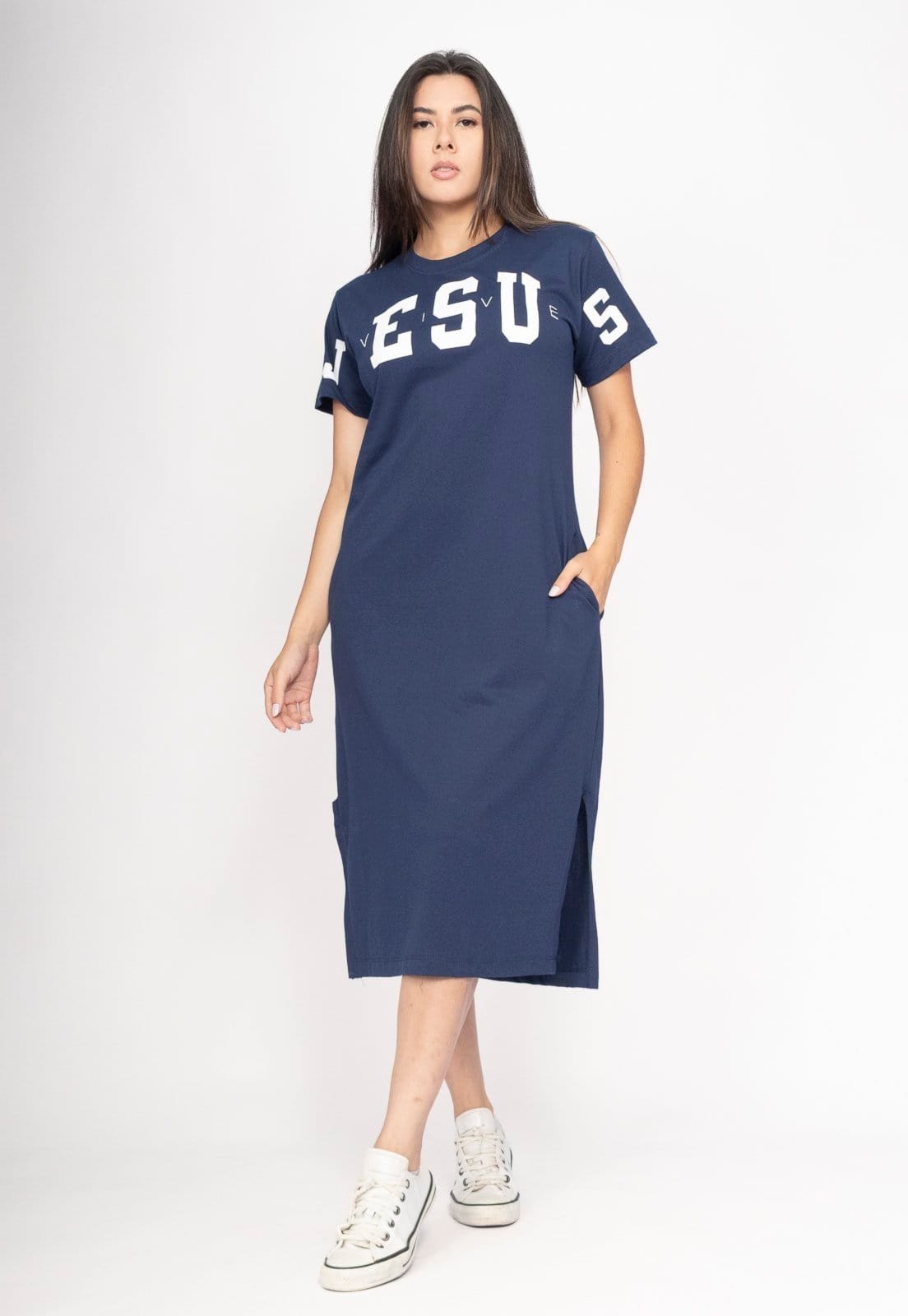 Vista 2 Vestido CabanaFree Midi Algodão Manga Curta Moda Evangélica Profundo Cabanafree azul