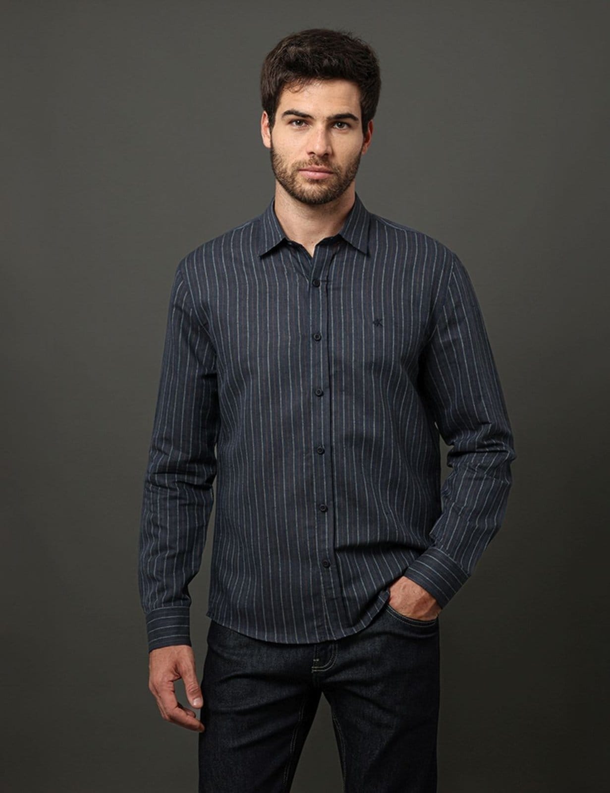 Camisa Masculina Linen Stripes Calvin Klein Jeans - Marinho