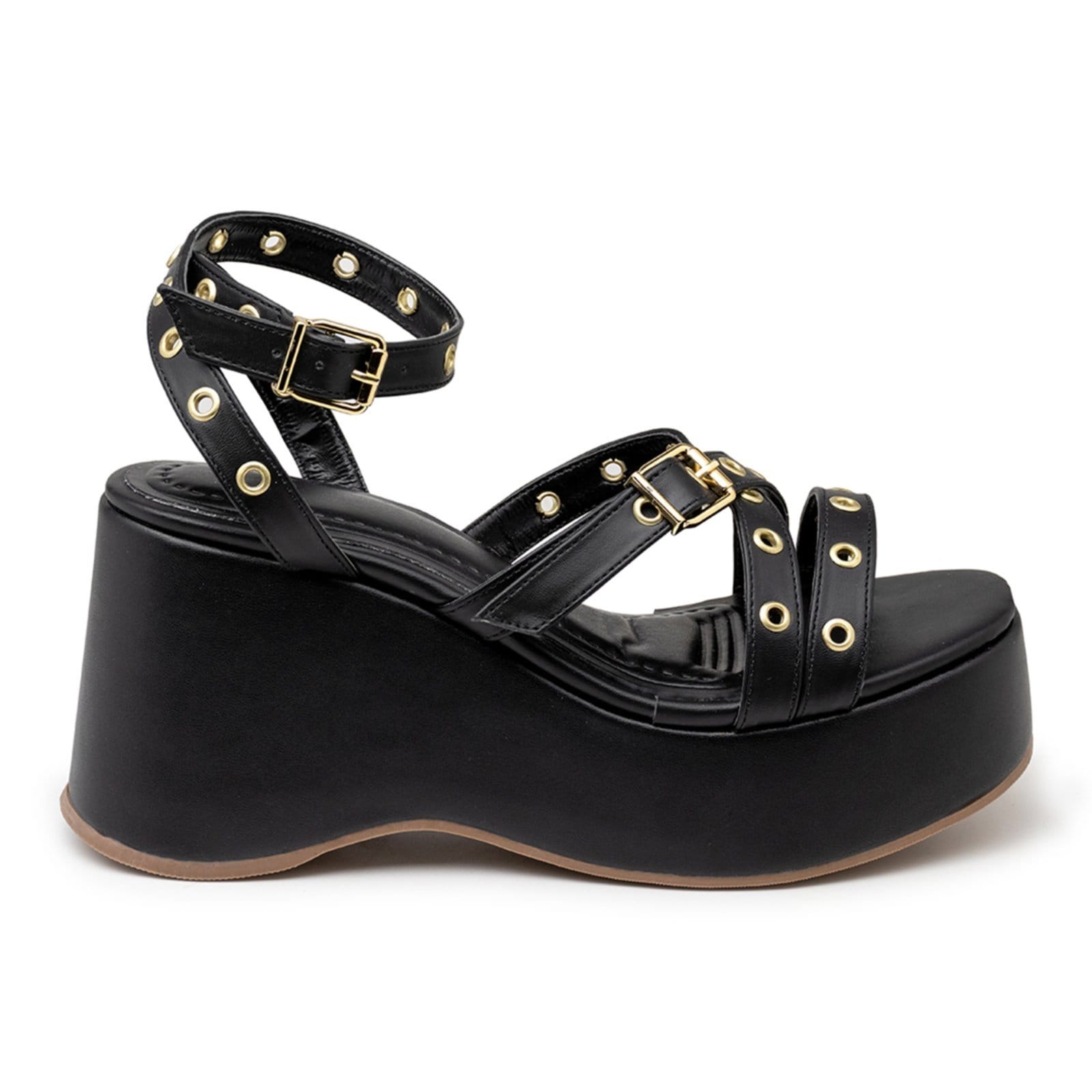 Vista 2 Sandália Feminina Anabela Salto Plataforma Tiras Ilhós 9100 Flor da Pele preto