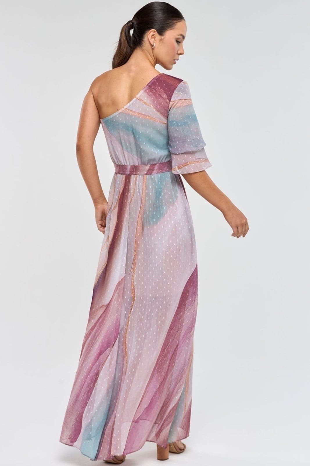 Vestido Longo PKS Um Ombro Só Estampa Watercolor