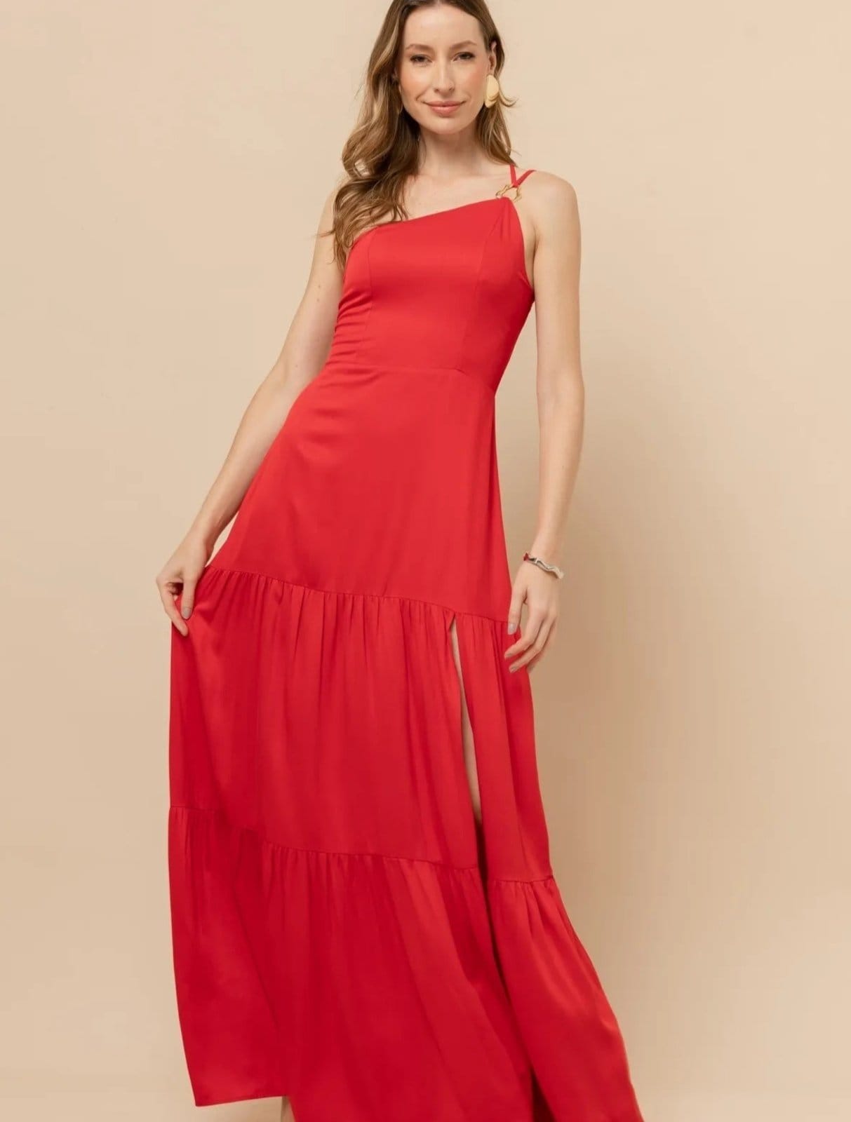 Vista 2 Vestido Longo Um Ombro Só Camila VIC BRAND vermelho