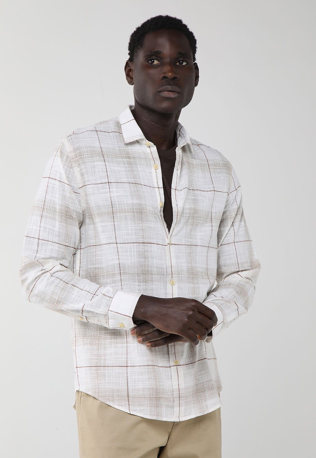 Camisa Masculina Aramis Xadrez Manga Longa Branca