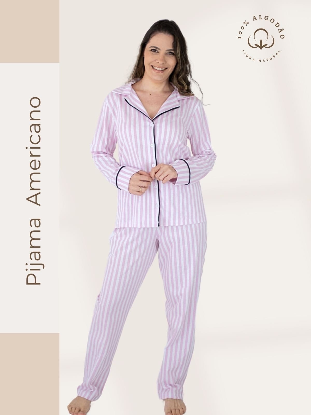 Pijama Algodão Americano Feminino Longo Piante Amanda Listrado