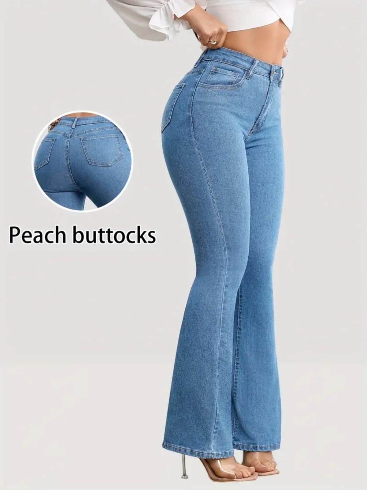 Calça Flare Jeans Feminina Kovali Premium Estilo Gringa Com Elastano Cintura Alta Levanta Bumbum Claro