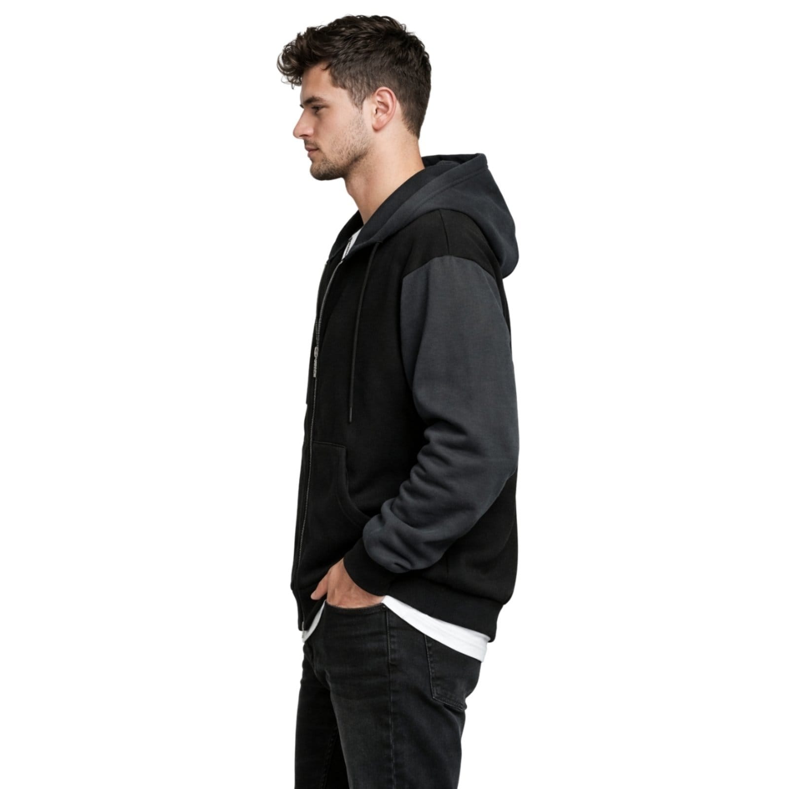 Vista 2 Blusa Moletom de Zíper Com Capuz e Bolso Canguru 2 Cores Estilo Casual Masculino Liso Relaxado cinza