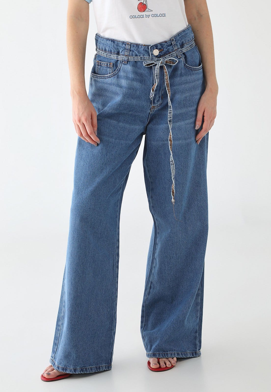 Calça Wide Leg Feminina Sawary Faixa Jeans