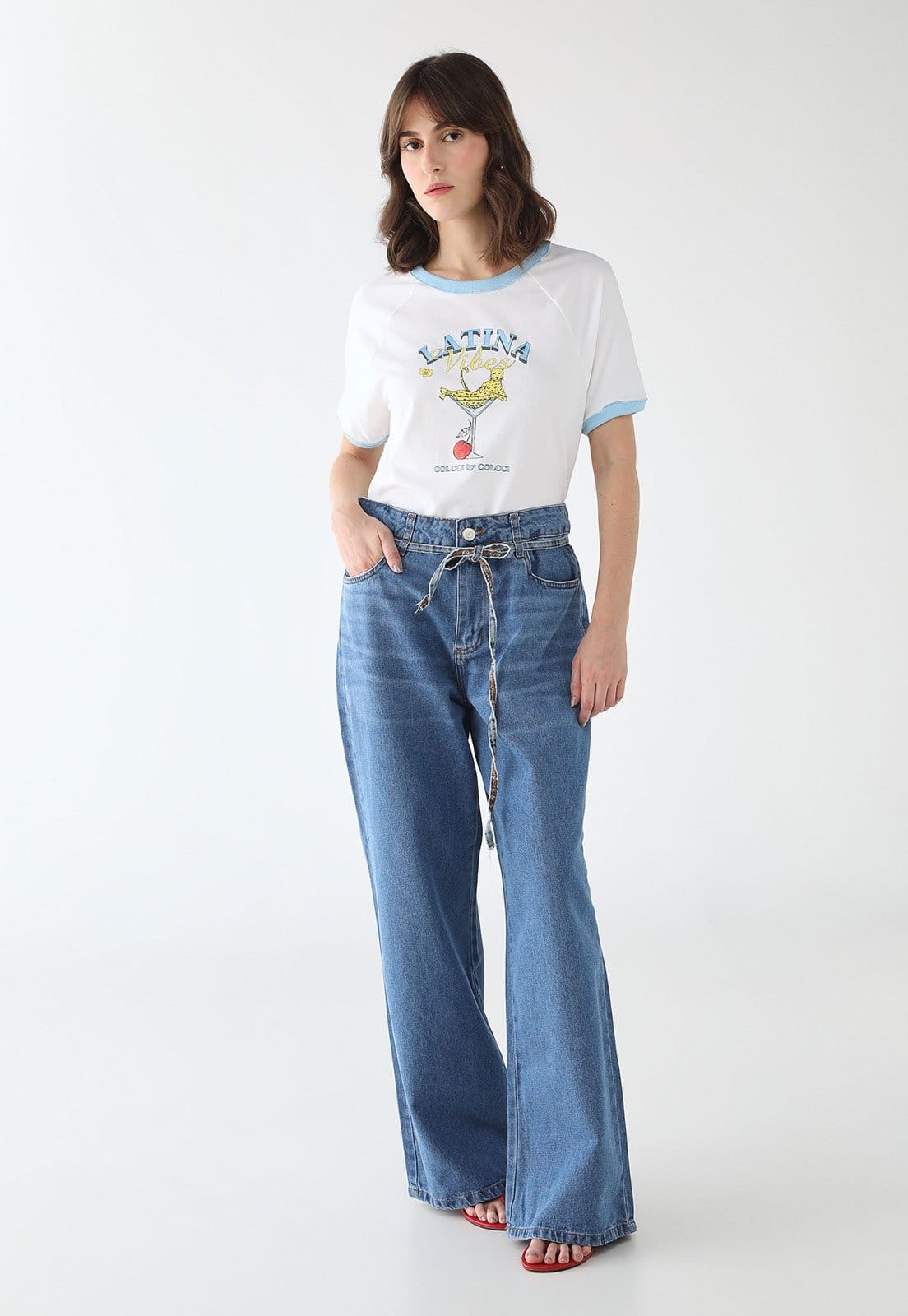 Vista 2 Calça Wide Leg Feminina Sawary Faixa Jeans Sawary azul