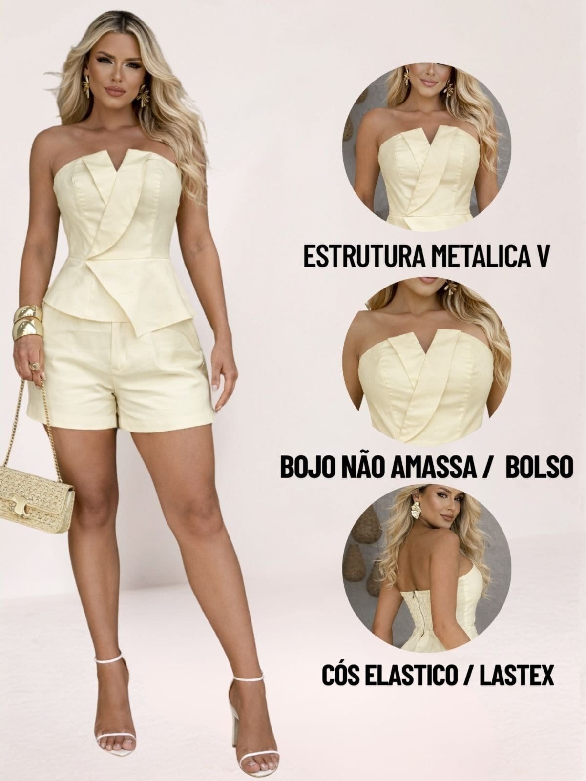 Vista 2 Conjunto Feminino Curta Divina Gata Alfaiataria Malibu DIVINA GATA amarelo