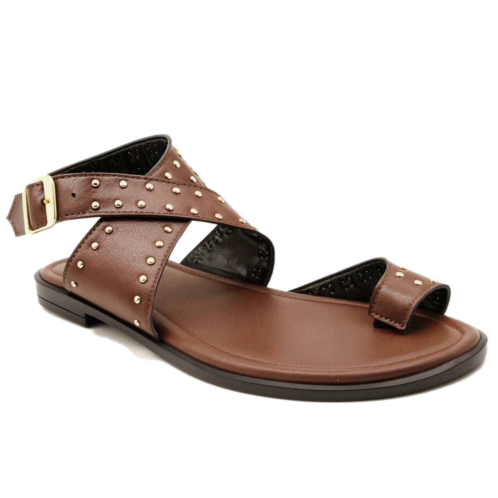 Rasteira Feminina Tiras Cruzadas com Fivela e Tachas Papete Confortável Verão Cacau 300