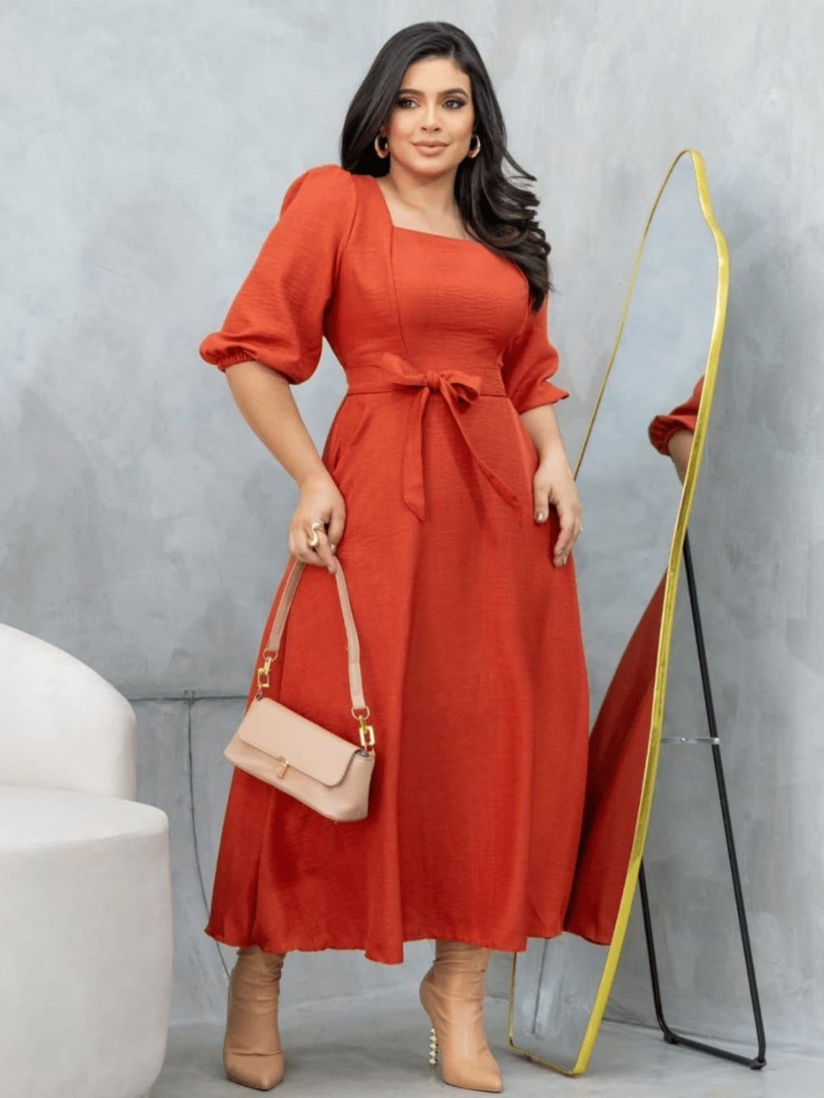 Vestido Midi Soltinho Manga 3/4 Elegante Social Moda Evangélica