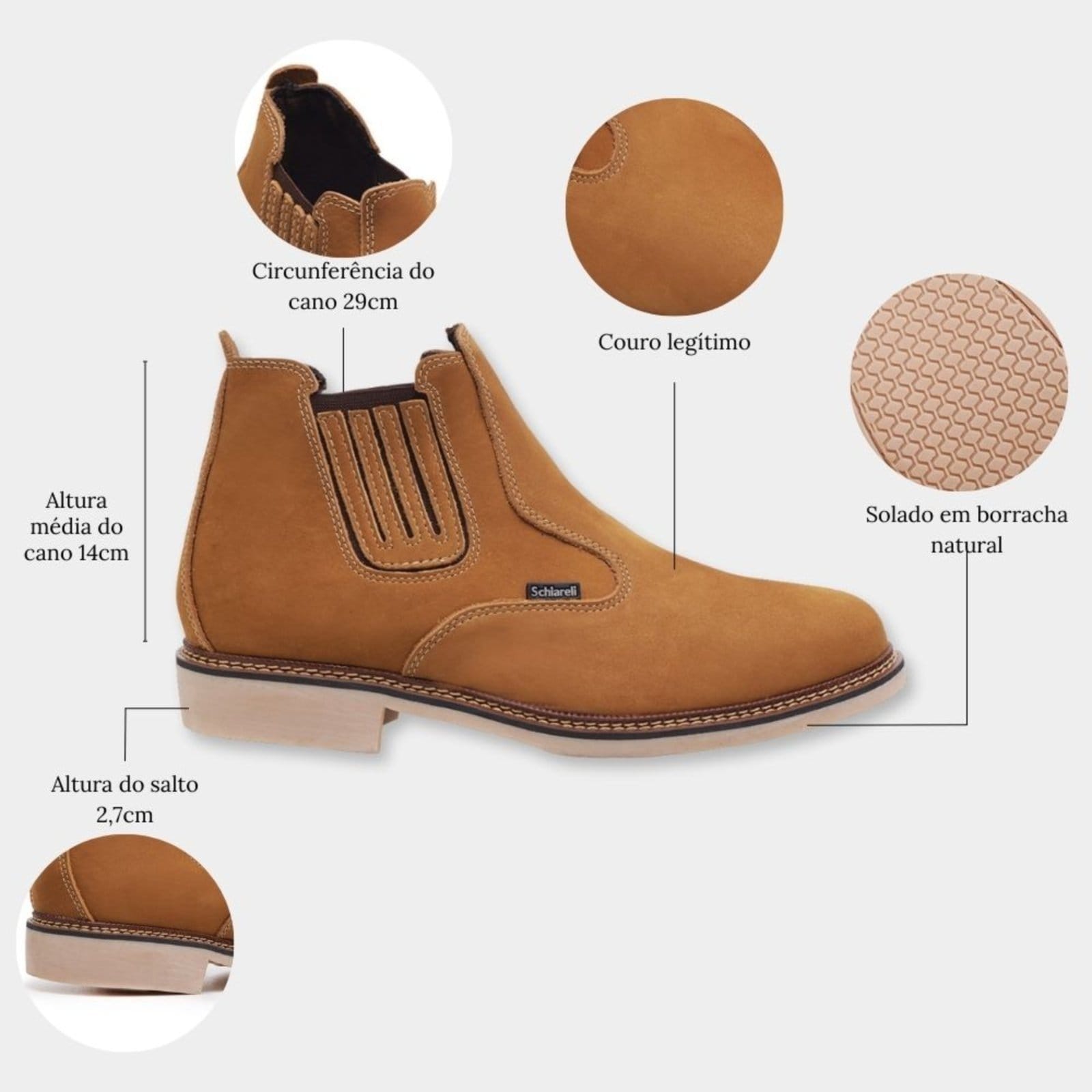 Vista 2 Bota Botina Masculina de Couro Sola de Borracha Country Roça Sítio Macia Moderna 525 Castor Schiareli marrom