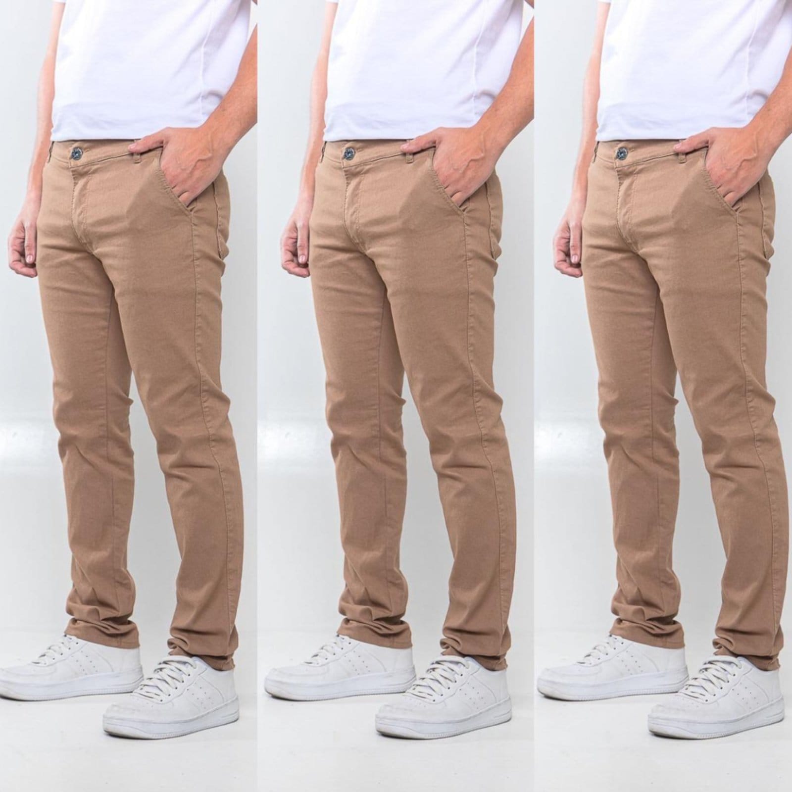 KIT 3 Calças Sarja Masculina Tempo Hábil Alfaiatada Skinny Caqui