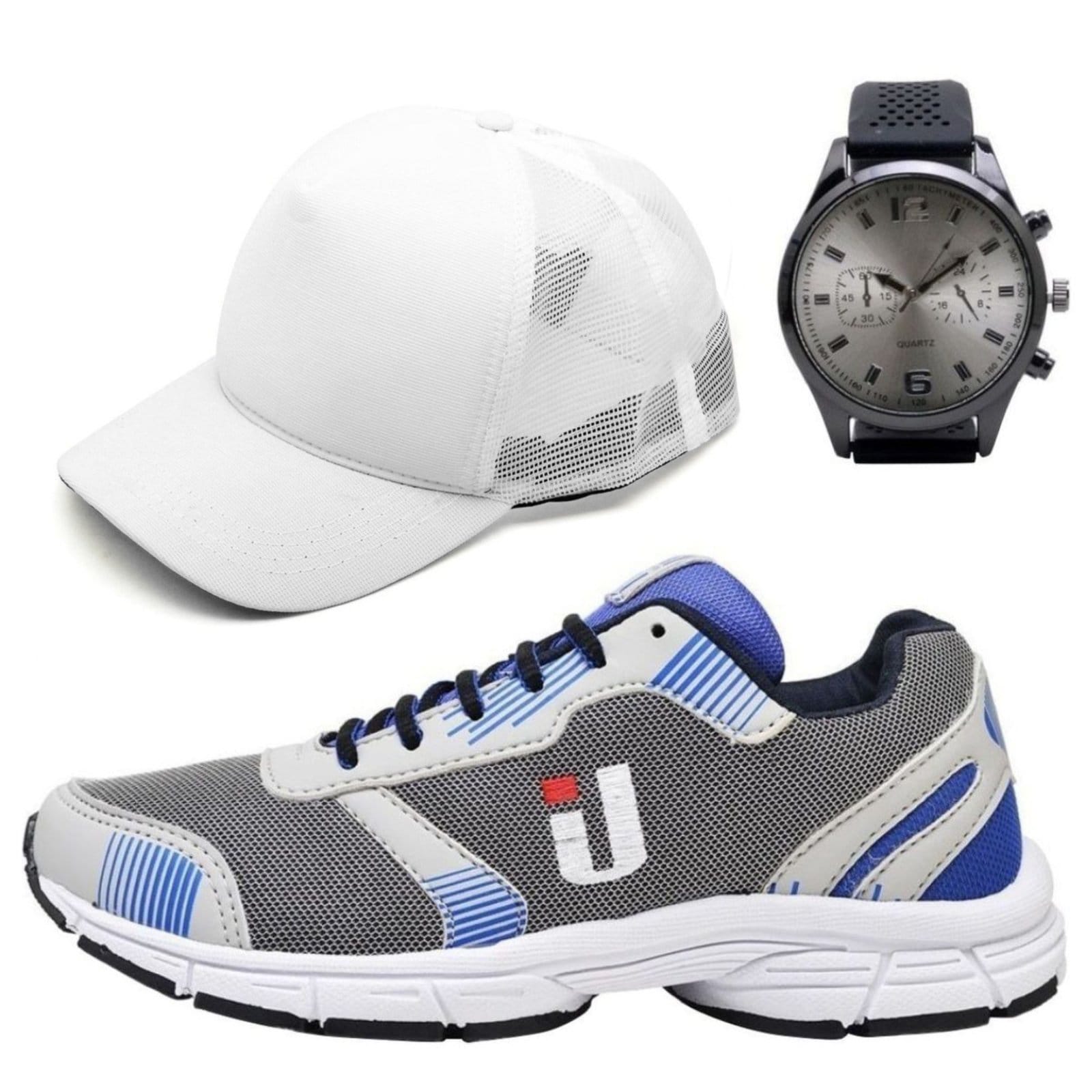 Combo Promocional Tênis Esportivo Masculino Para Caminhada e Academia Super Confortável e Macio Mais Boné e Relógio