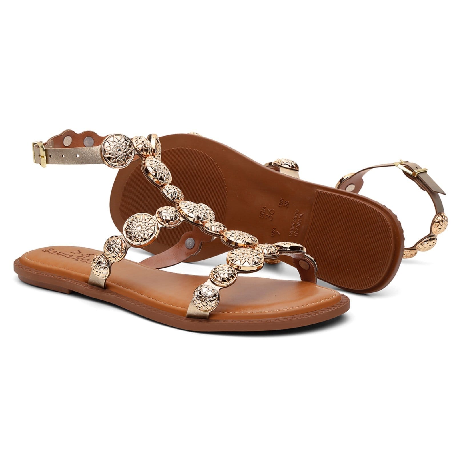 Vista 2 Sandália Feminina Rasteirinha Dourada Medalha Lançamento Santa Rosa dourado rosa