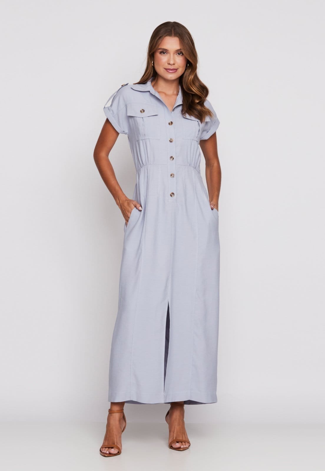 Vestido Chemise Miss Joy 8239 Longo Utilitário Alfaiataria Claro