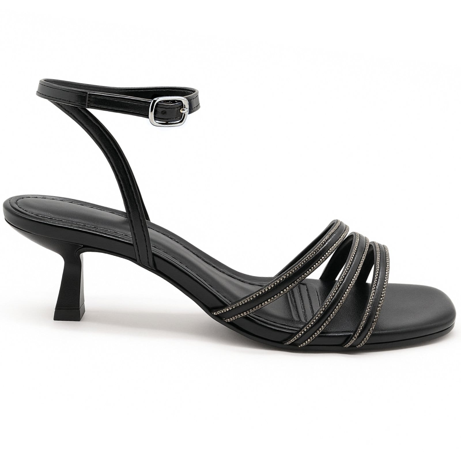 Vista 2 Sandália Feminina Salto Kitten Heels Baixo Tiras Finas Com Strass Moderna Preta 250 Flor da Pele preto