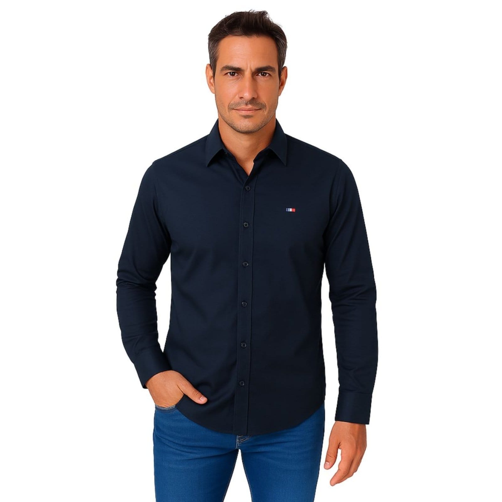 Camisa Social Masculina Vih Triny Marinho Itália Premium Slim Fit Manga Longa