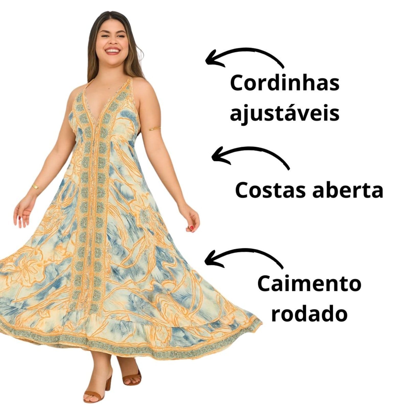 Vista 2 Vestido Lenço Indiano Vih Triny Longo Costas Abertas Premium Vih Triny bege