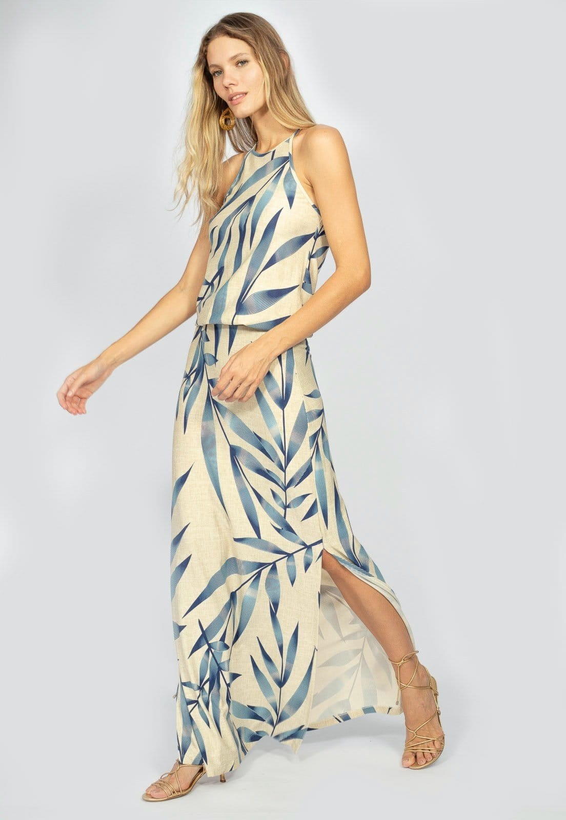 Vista 2 Vestido Longo Amazonia Vital Malha Trapézio com Elástico na Cintura Bambu Amazonia Vital azul/estampado/azul